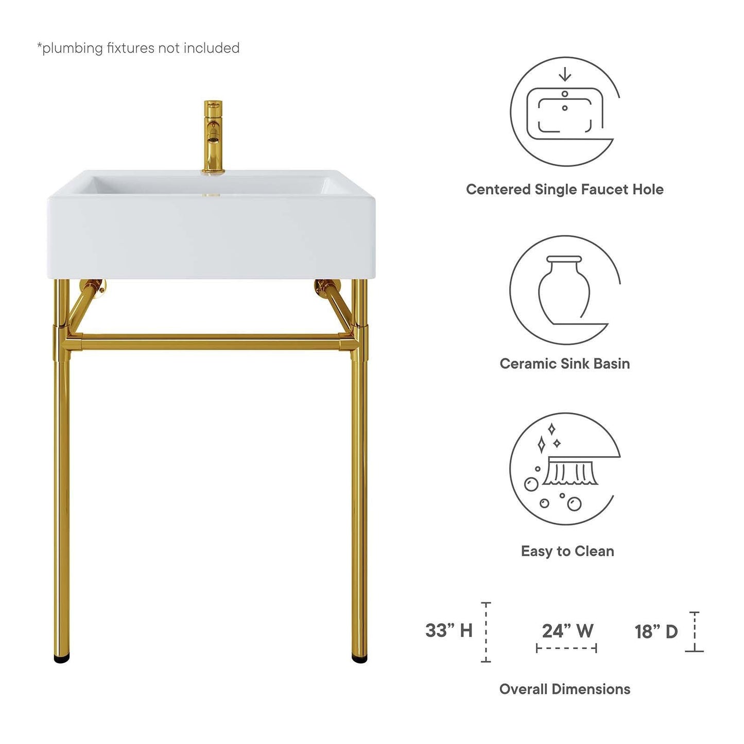 Modway Redeem 24" Wall-Mount Gold Stainless Steel Bathroom Vanity FredCo