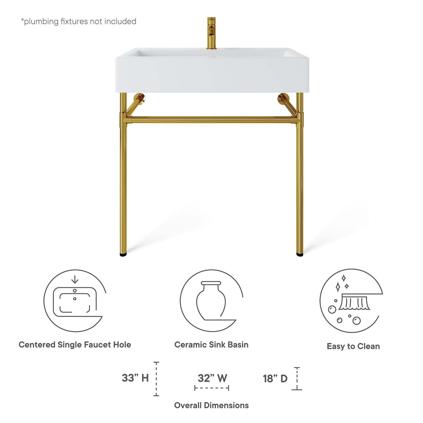 Modway Redeem 32" Wall-Mount Gold Stainless Steel Bathroom Vanity FredCo