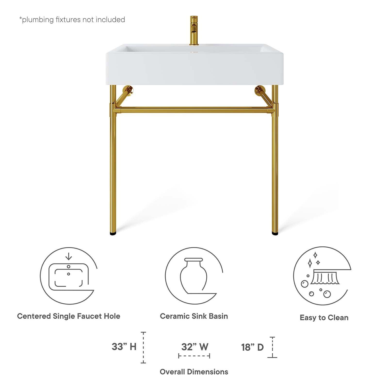 Modway Redeem 32" Wall-Mount Gold Stainless Steel Bathroom Vanity FredCo