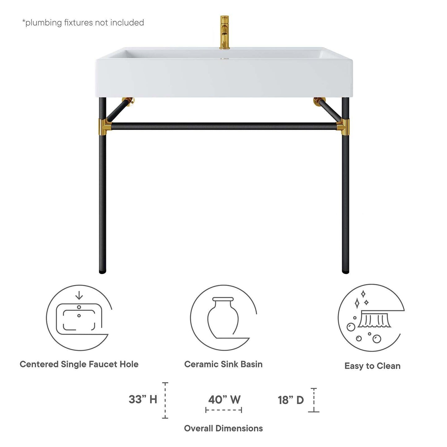 Modway Redeem 40" Black Stainless Steel Wall-Mount Bathroom Vanity FredCo