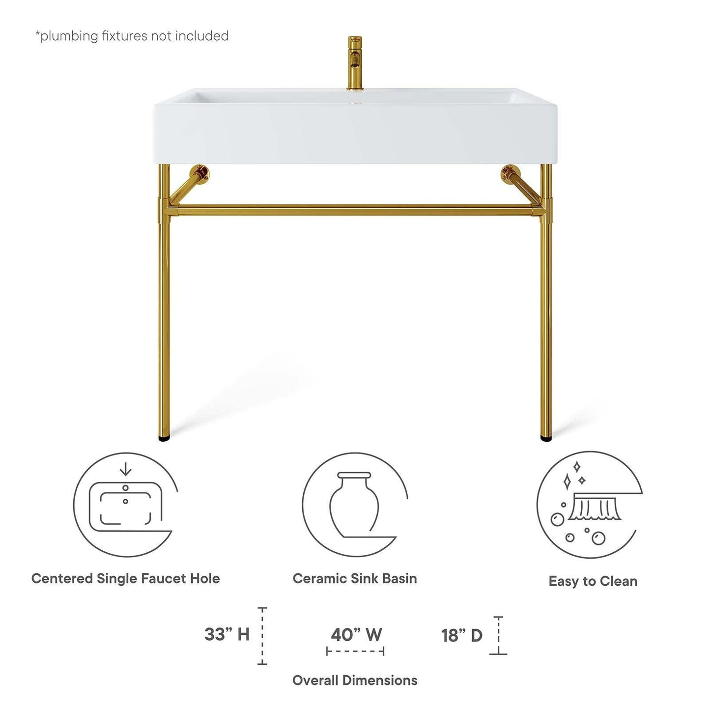 Modway Redeem 40" Wall-Mount Gold Stainless Steel Bathroom Vanity FredCo