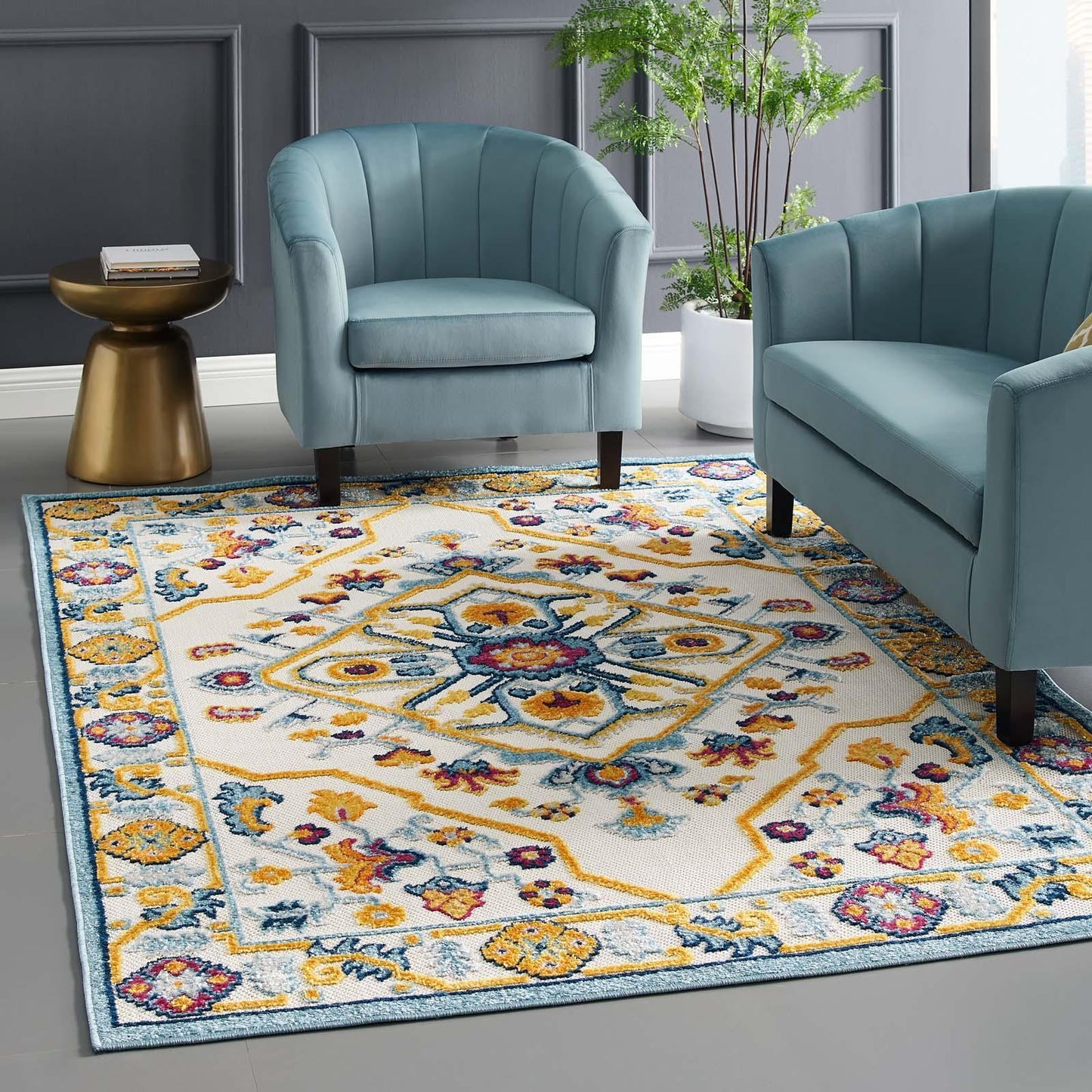 Modway Reflect Freesia Distressed Floral Persian Medallion Indoor and Outdoor Area Rug FredCo