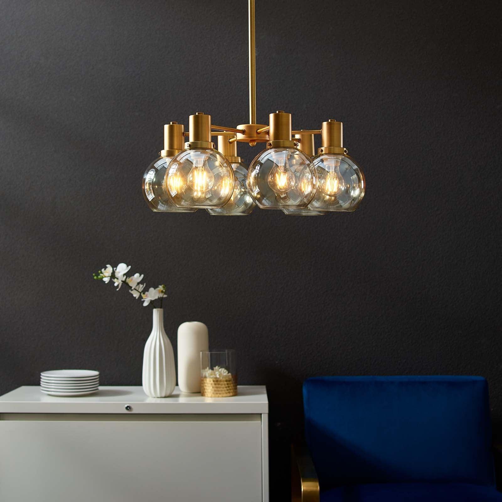 Modway Resound Amber Glass And Brass Pendant Chandelier FredCo