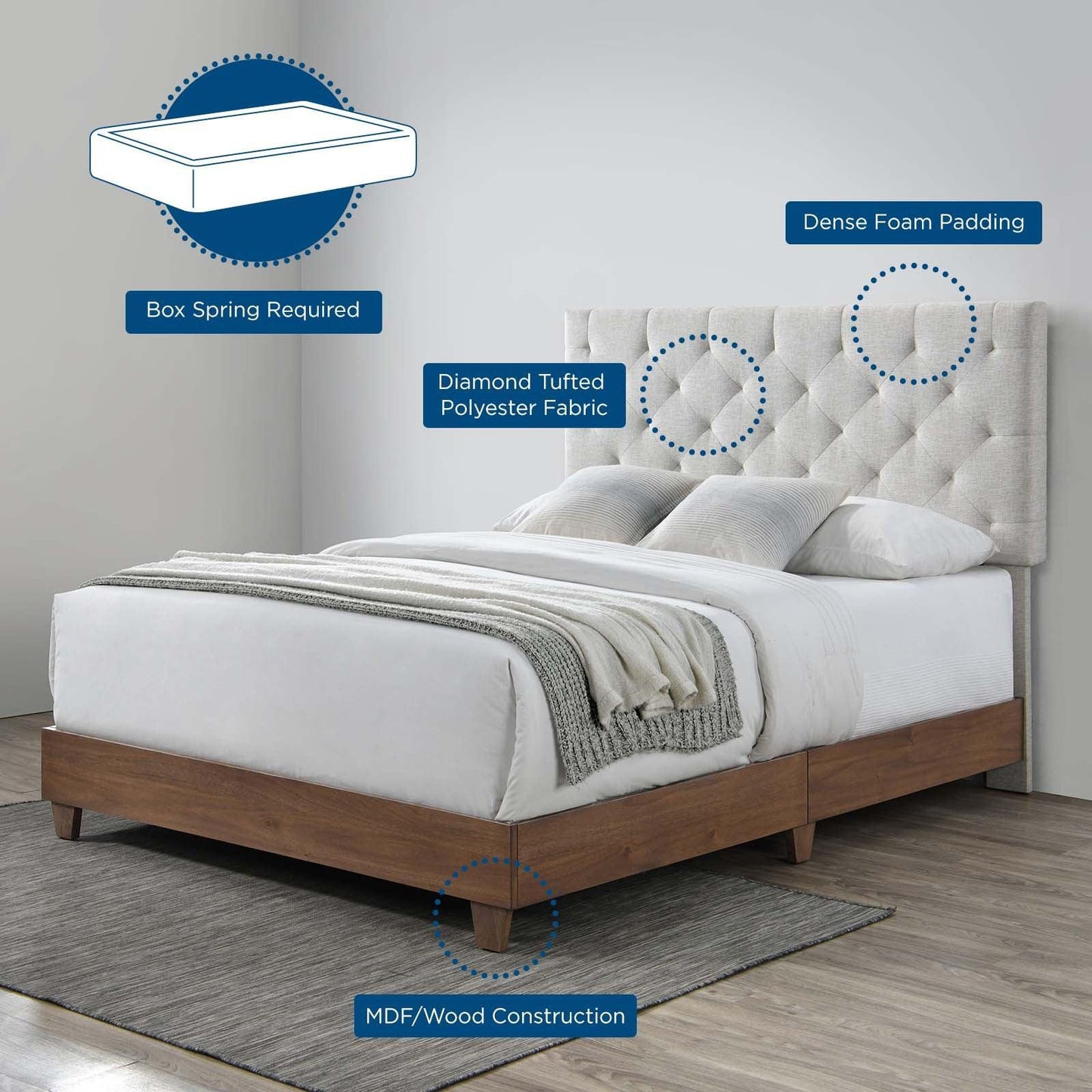 Modway Rhiannon Diamond Tufted Upholstered Fabric Queen Bed FredCo