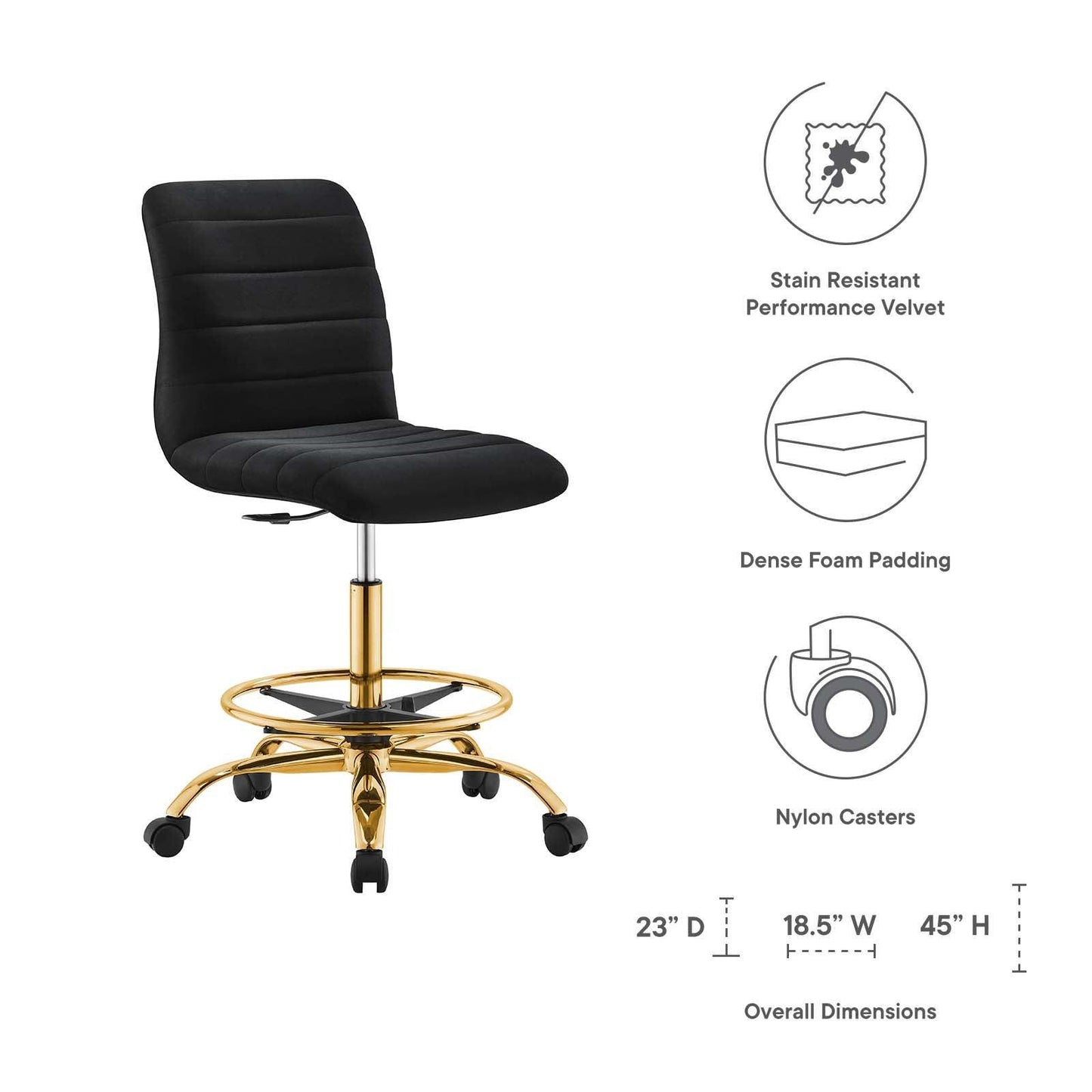 Modway Ripple Armless Performance Velvet Drafting Chair FredCo