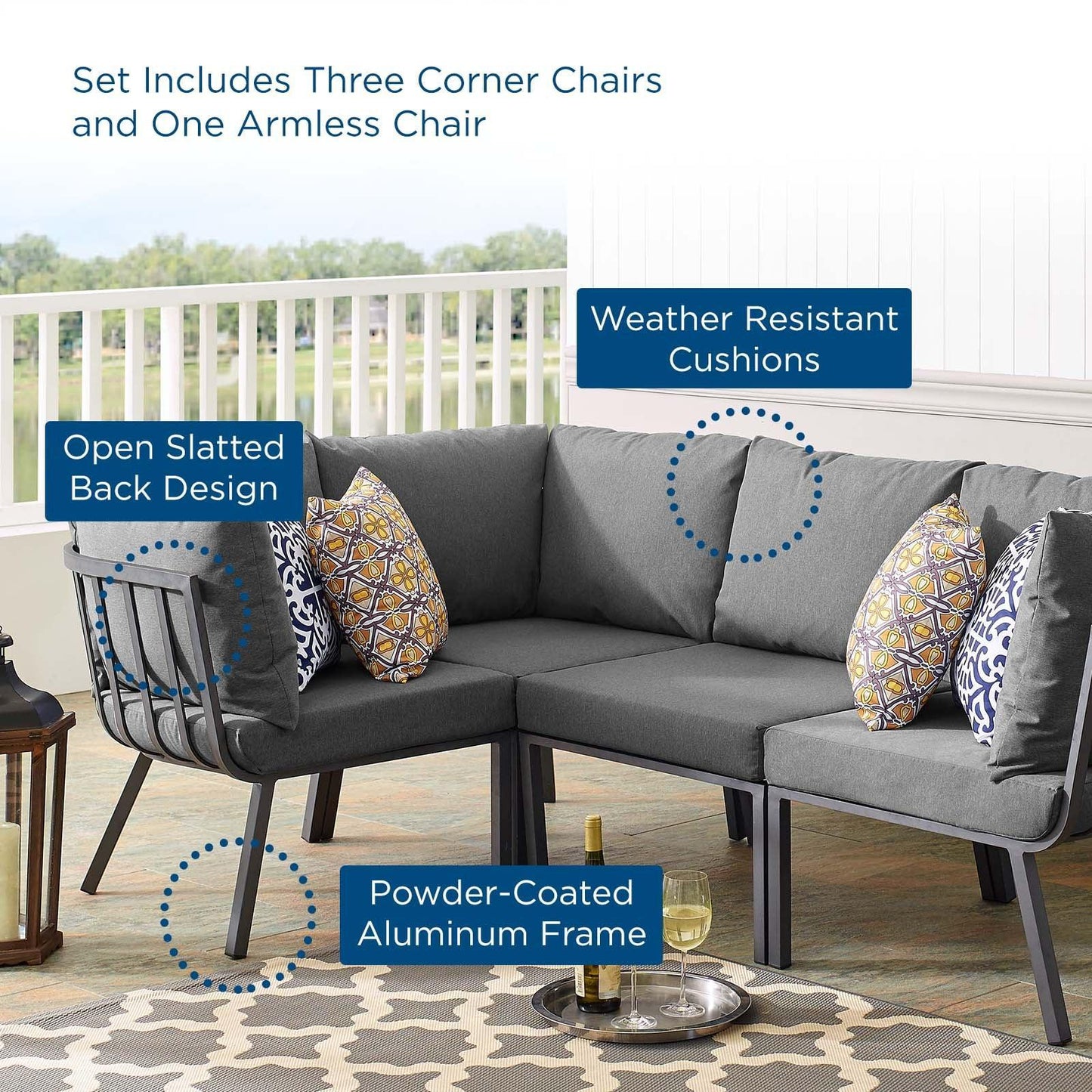Modway Riverside 4 Piece Outdoor Patio Aluminum Sectional FredCo