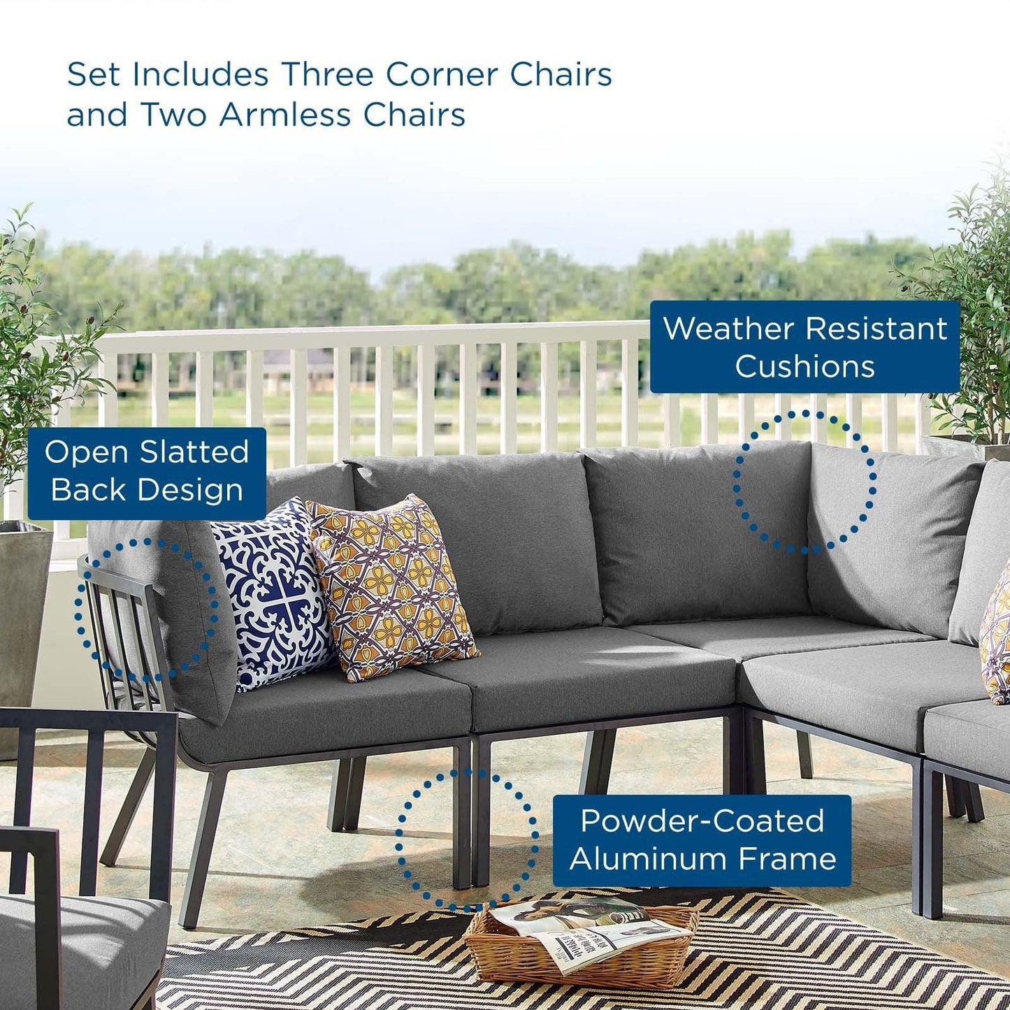 Modway Riverside 5 Piece Outdoor Patio Aluminum Sectional FredCo