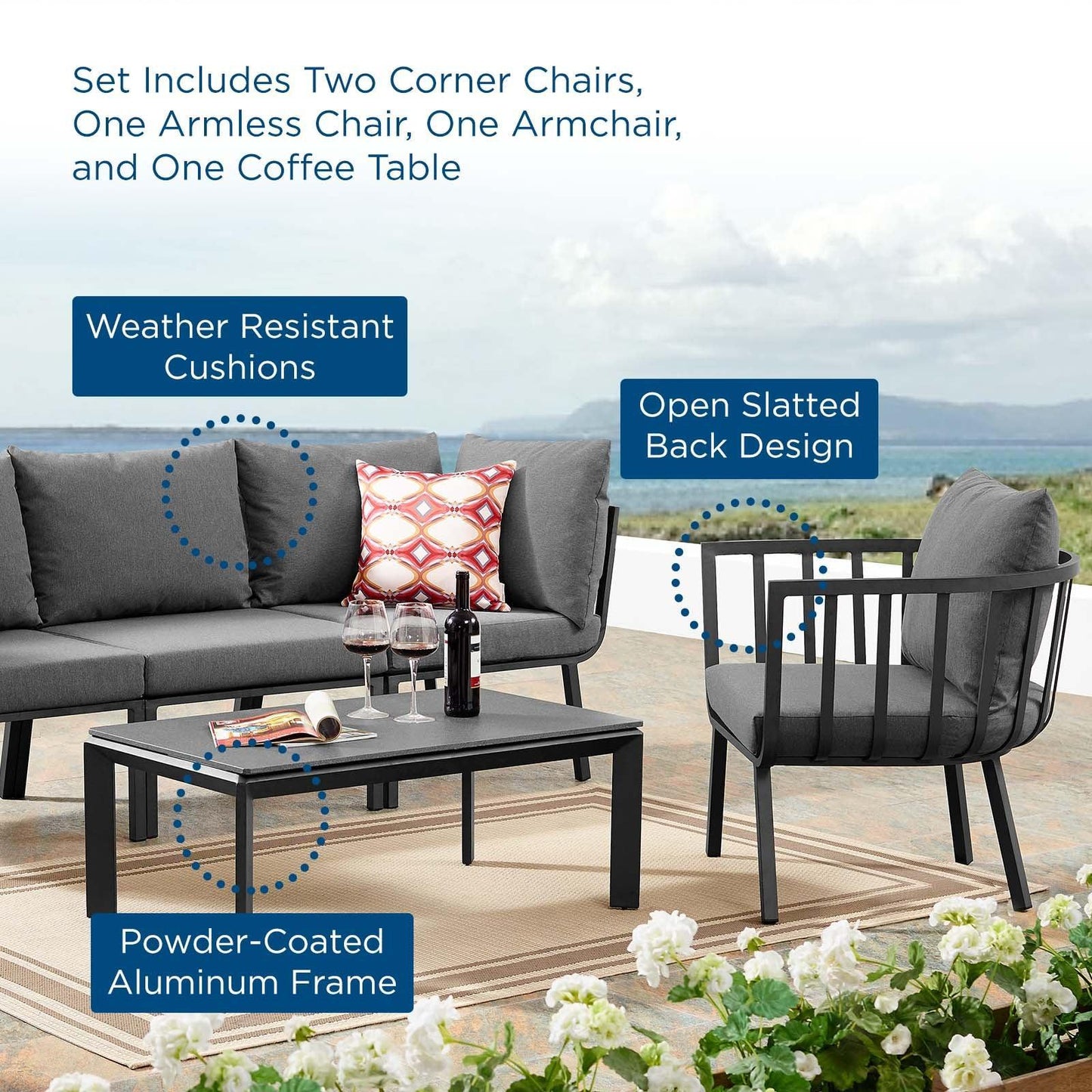 Modway Riverside 5 Piece Outdoor Patio Aluminum Set FredCo