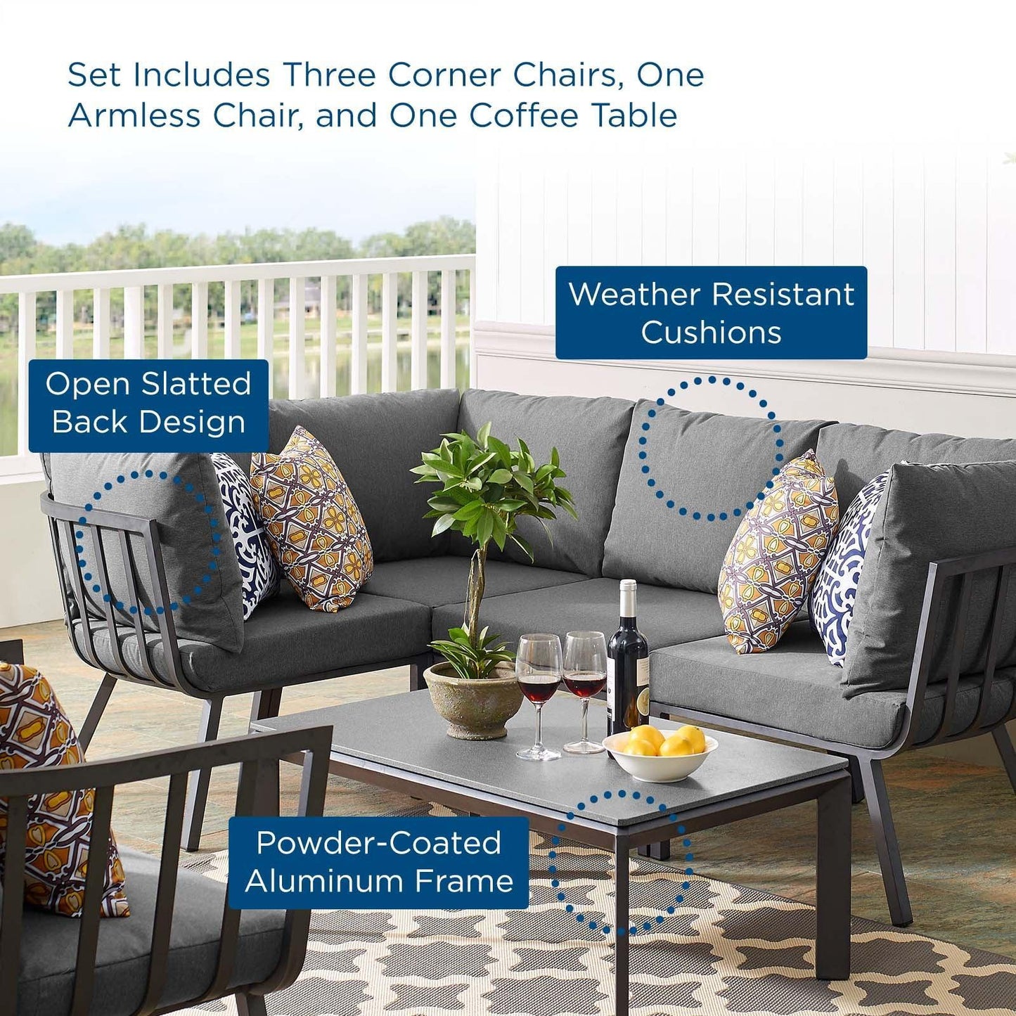 Modway Riverside 5 Piece Outdoor Patio Aluminum Set, EEI-3793 FredCo