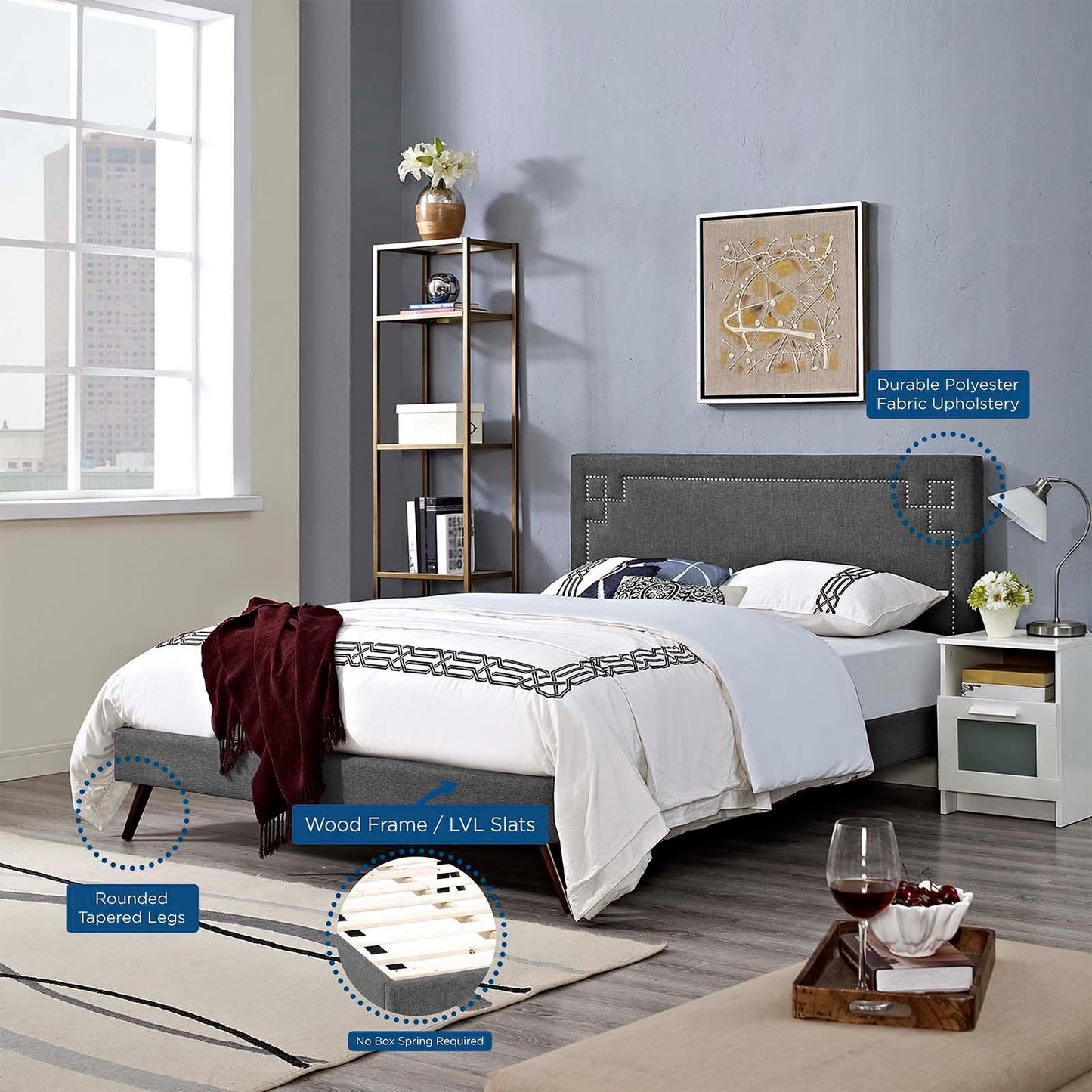 Modway Ruthie Queen Fabric Platform Bed with Round Splayed Legs FredCo