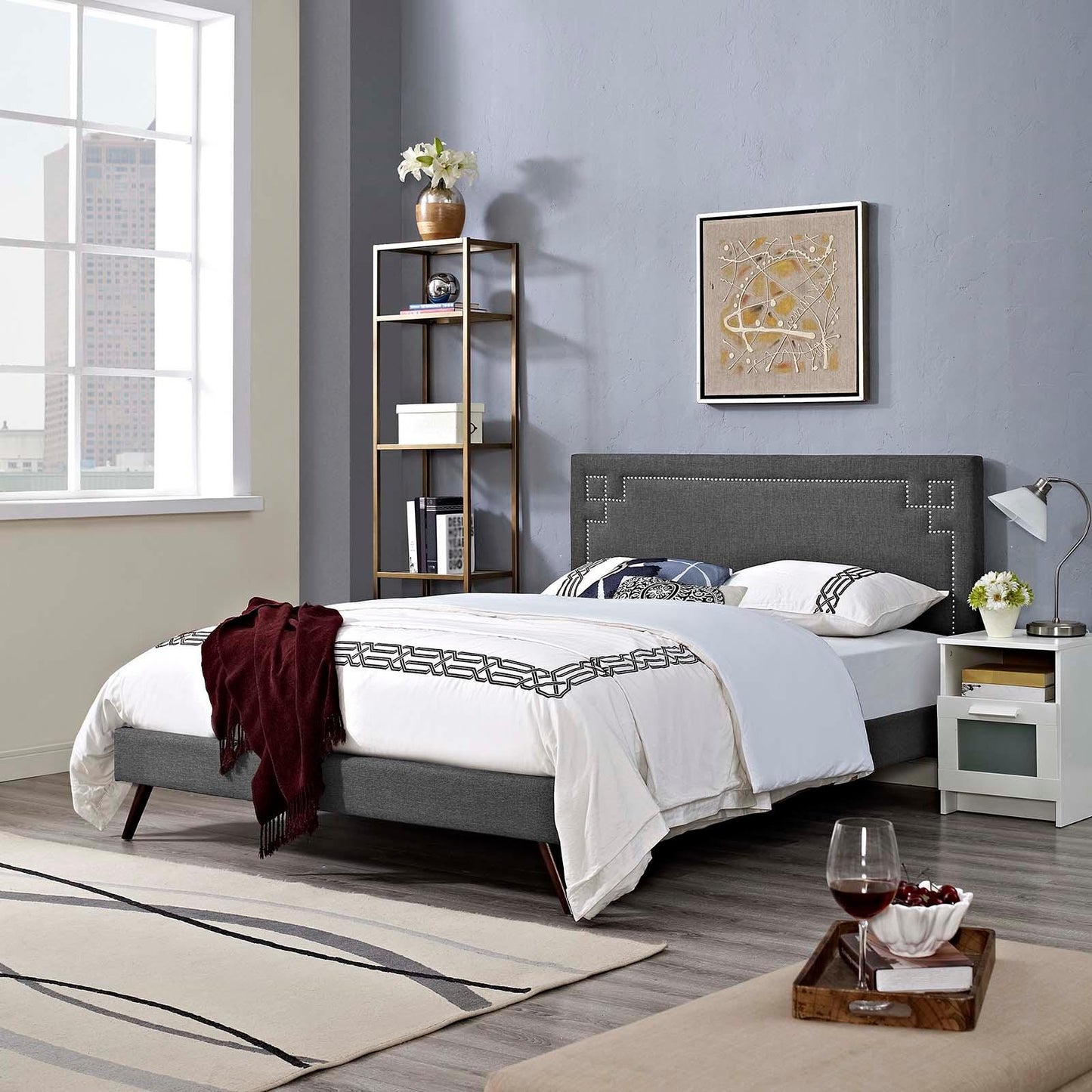 Modway Ruthie Queen Fabric Platform Bed with Round Splayed Legs FredCo