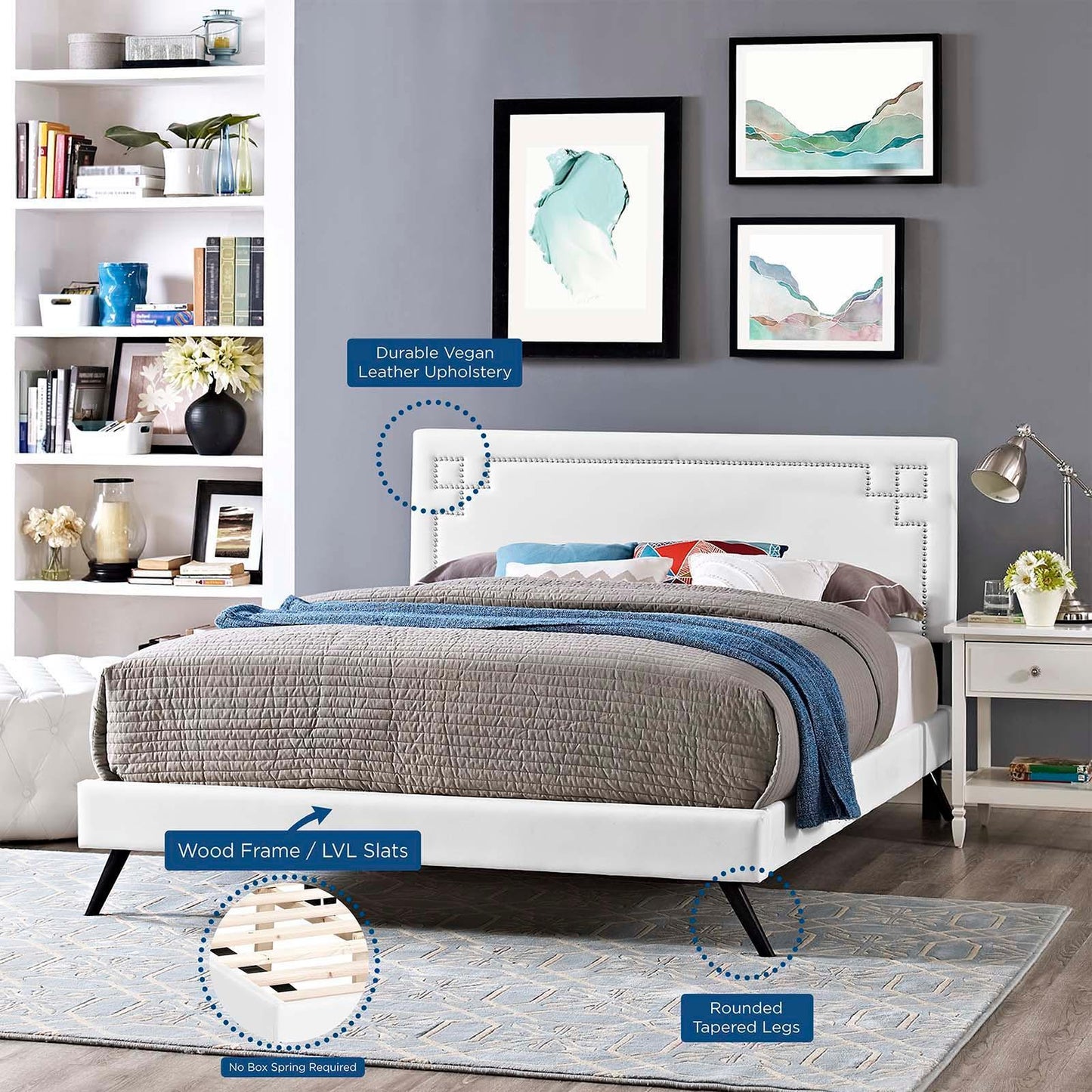 Modway Ruthie Queen Vinyl Platform Bed with Round Splayed Legs FredCo