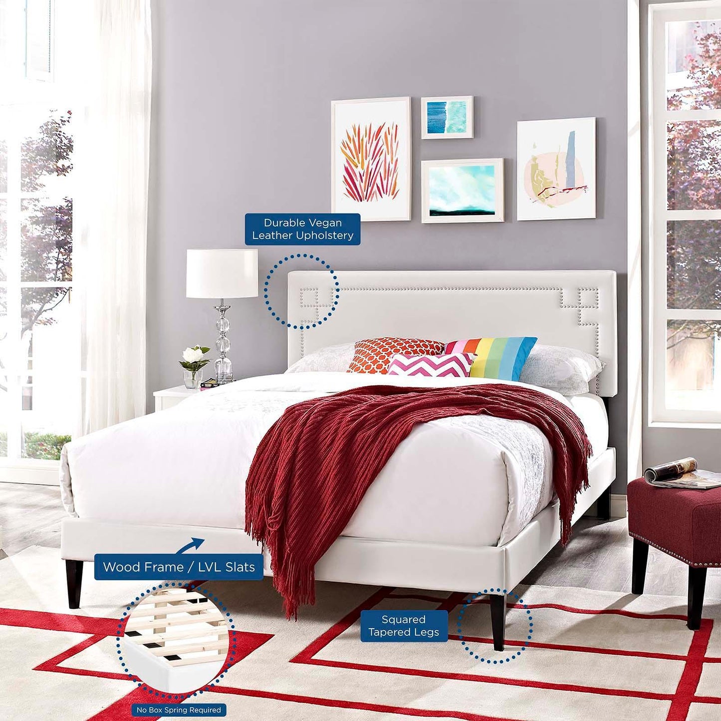 Modway Ruthie Queen Vinyl Platform Bed with Squared Tapered Legs FredCo