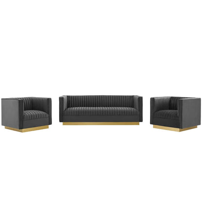 Modway Sanguine 3 Piece Vertical Channel Tufted Upholstered Performance Velvet Set FredCo