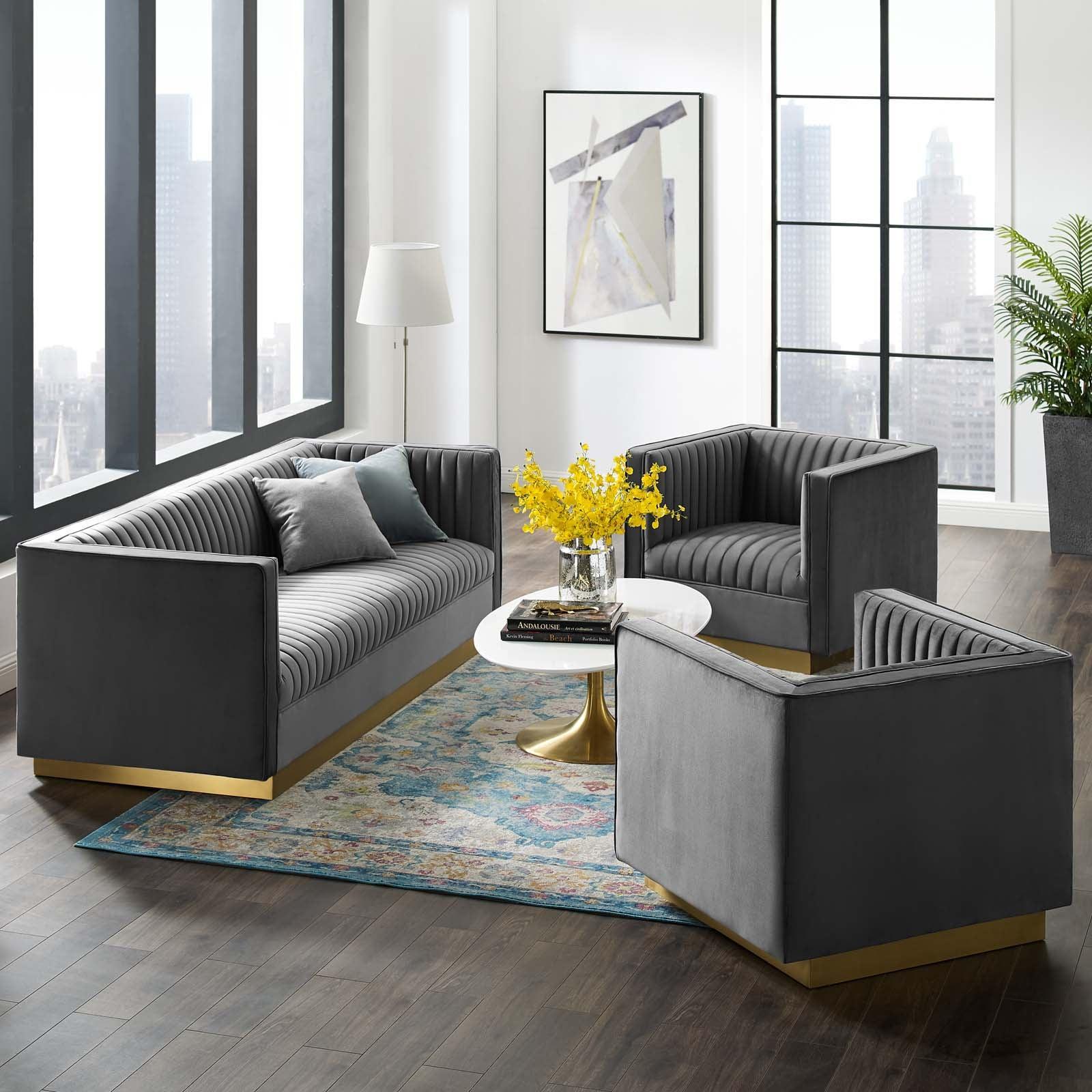 Modway Sanguine 3 Piece Vertical Channel Tufted Upholstered Performance Velvet Set FredCo