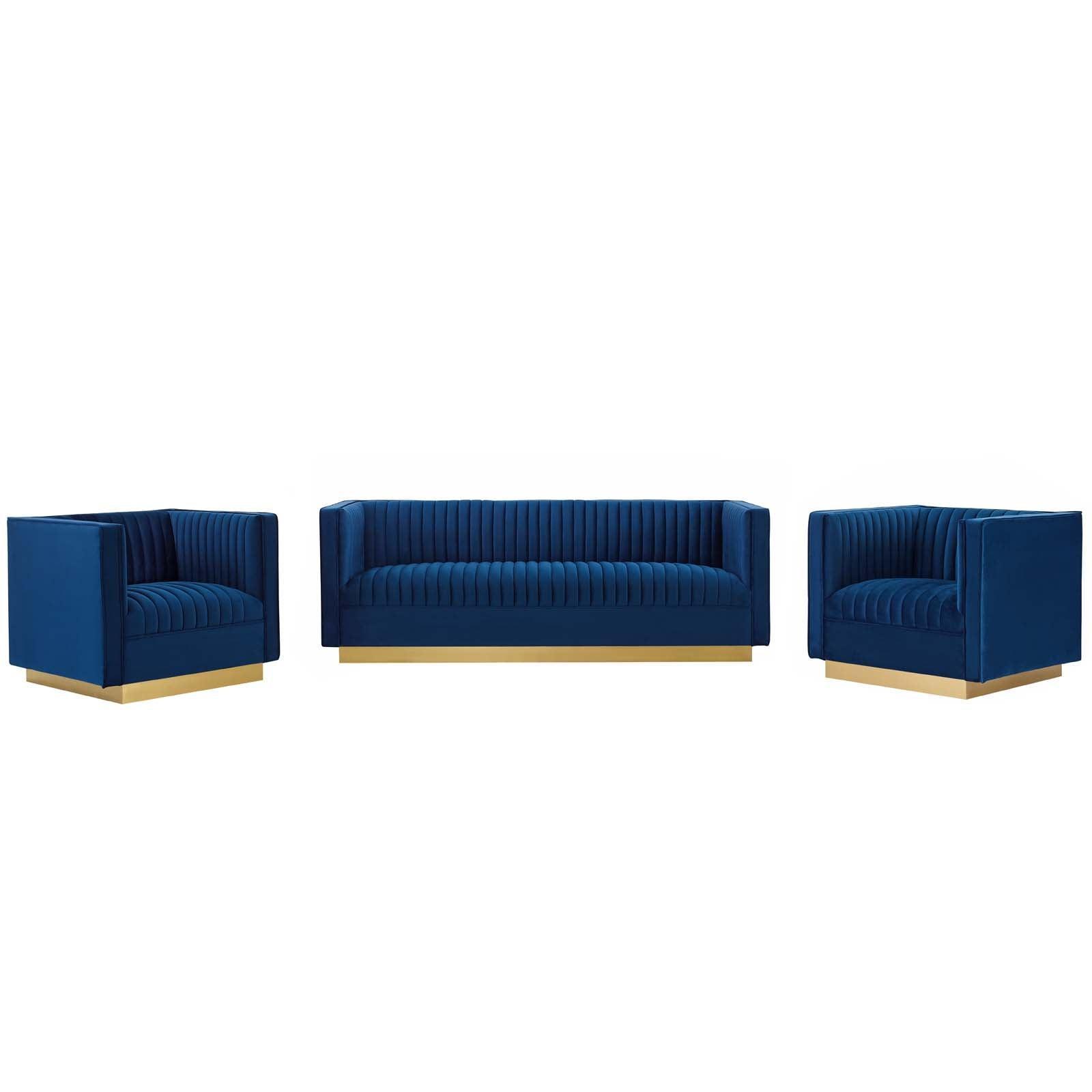 Modway Sanguine 3 Piece Vertical Channel Tufted Upholstered Performance Velvet Set FredCo