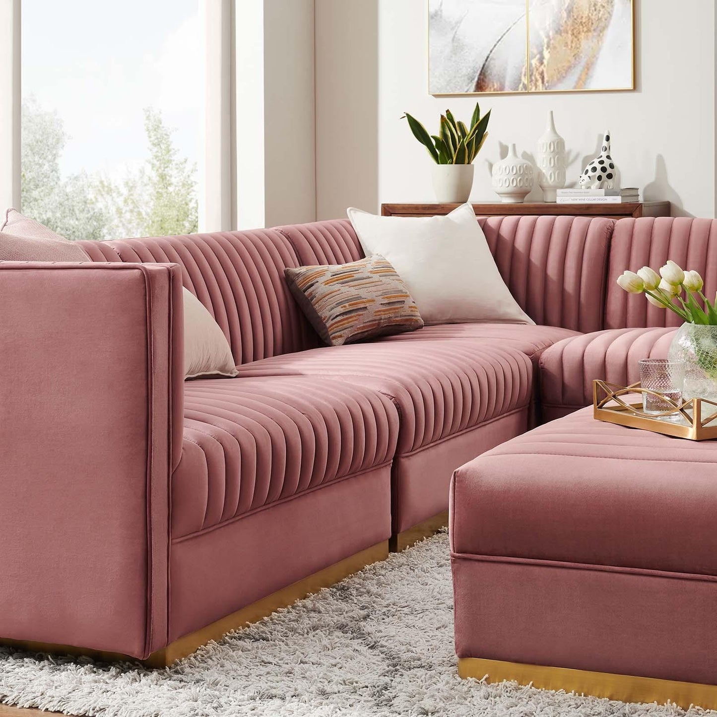 Modway Sanguine Channel Tufted Performance Velvet 5-Piece Right-Facing Modular Sectional Sofa FredCo