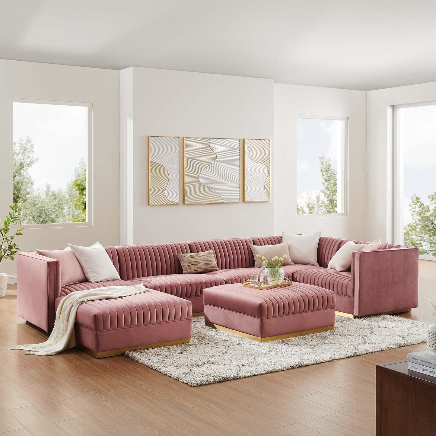 Modway Sanguine Channel Tufted Performance Velvet 7-Piece Right-Facing Modular Sectional Sofa FredCo