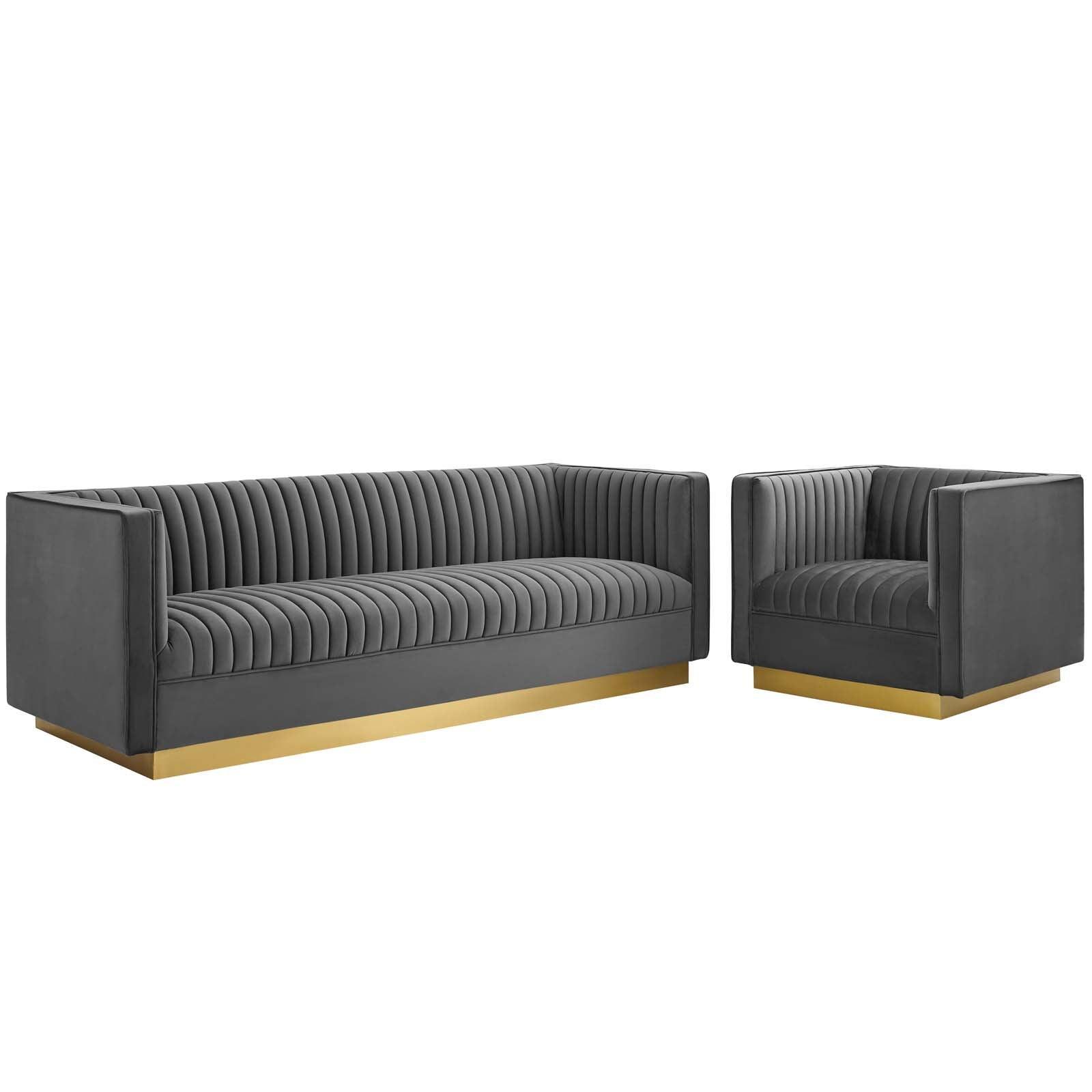 Modway Sanguine Vertical Channel Tufted Upholstered Performance Velvet Sofa and Armchair Set FredCo