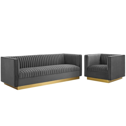 Modway Sanguine Vertical Channel Tufted Upholstered Performance Velvet Sofa and Armchair Set FredCo