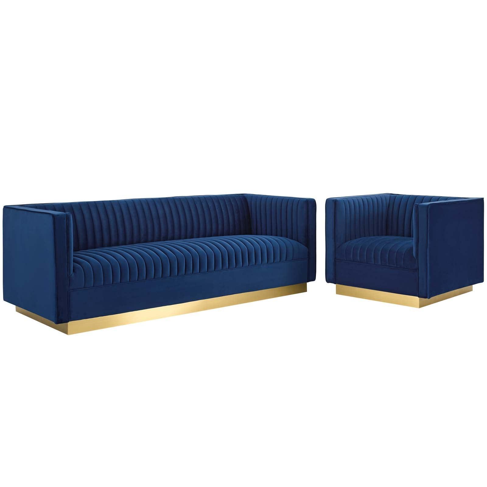 Modway Sanguine Vertical Channel Tufted Upholstered Performance Velvet Sofa and Armchair Set FredCo
