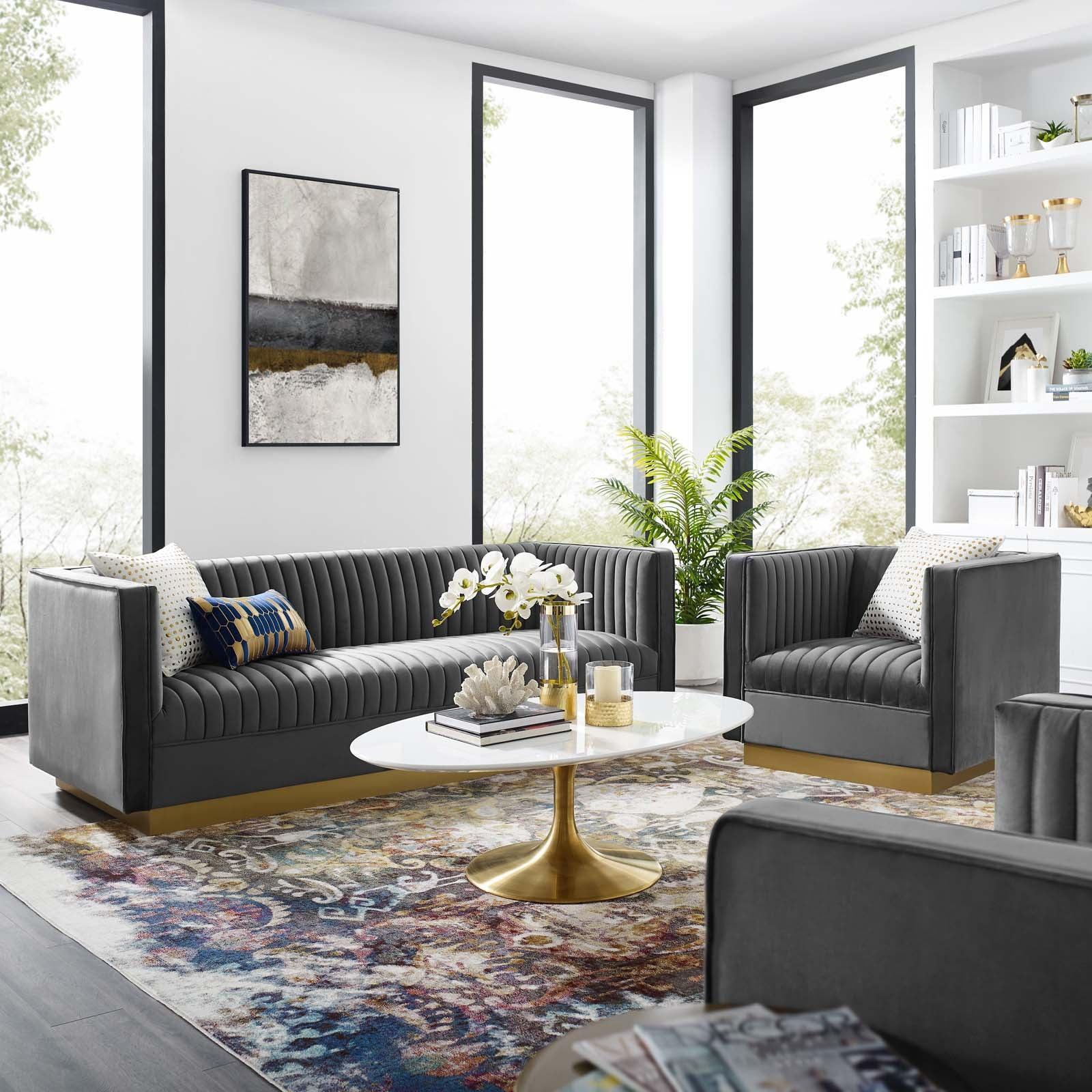 Modway Sanguine Vertical Channel Tufted Upholstered Performance Velvet Sofa and Armchair Set FredCo