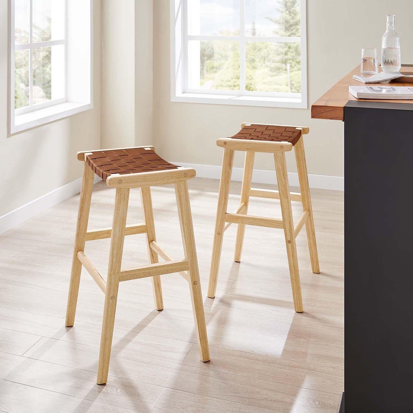 Modway Saoirse Faux Leather Wood Bar Stool - Set of 2, EEI-6549 FredCo