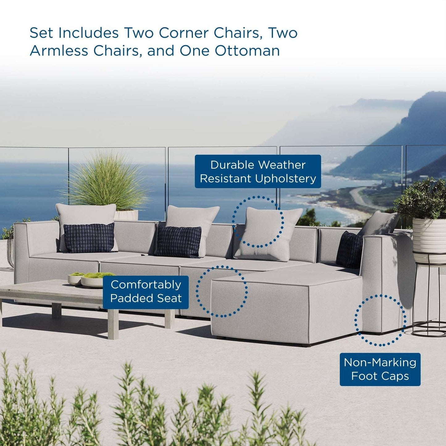 Modway Saybrook Outdoor Patio Upholstered 5-Piece Sectional Sofa FredCo