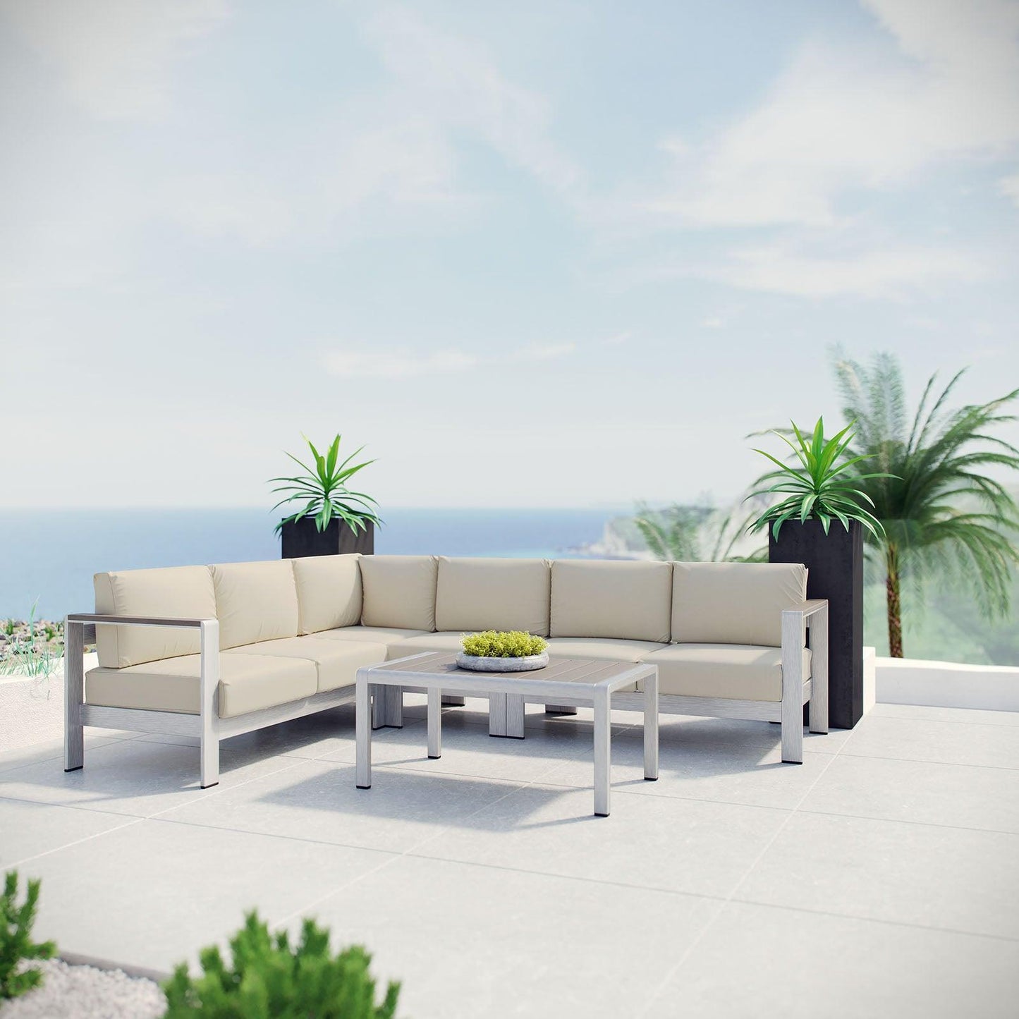 Modway Shore 5 Piece Outdoor Patio Aluminum Sectional Sofa Set FredCo