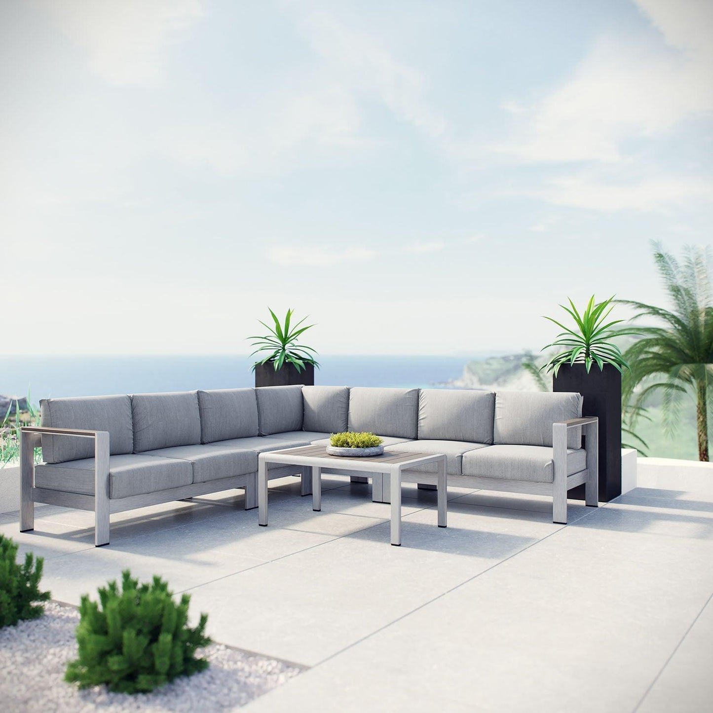 Modway Shore 6 Piece Outdoor Patio Aluminum Sectional Sofa Set, EEI-2561 FredCo