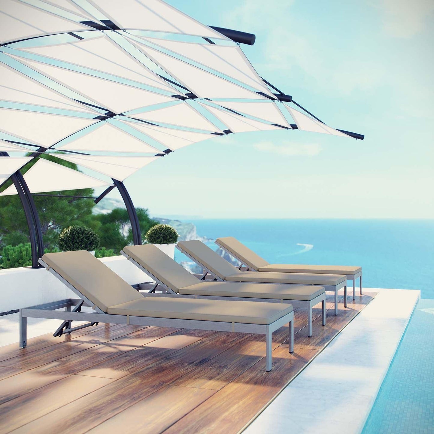 Modway Shore Chaise with Cushions Outdoor Patio Aluminum Set of 4 FredCo