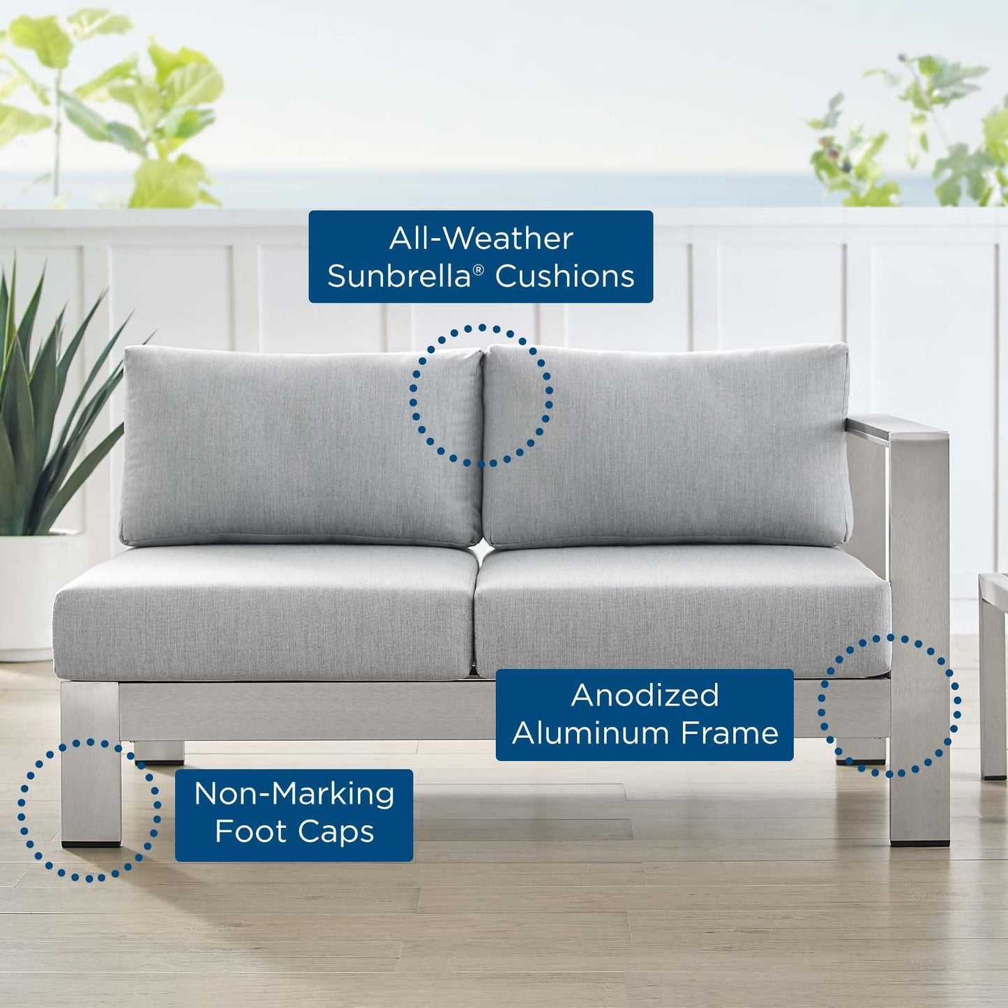 Modway Shore Sunbrella® Fabric Aluminum Outdoor Patio Right-Arm Loveseat FredCo