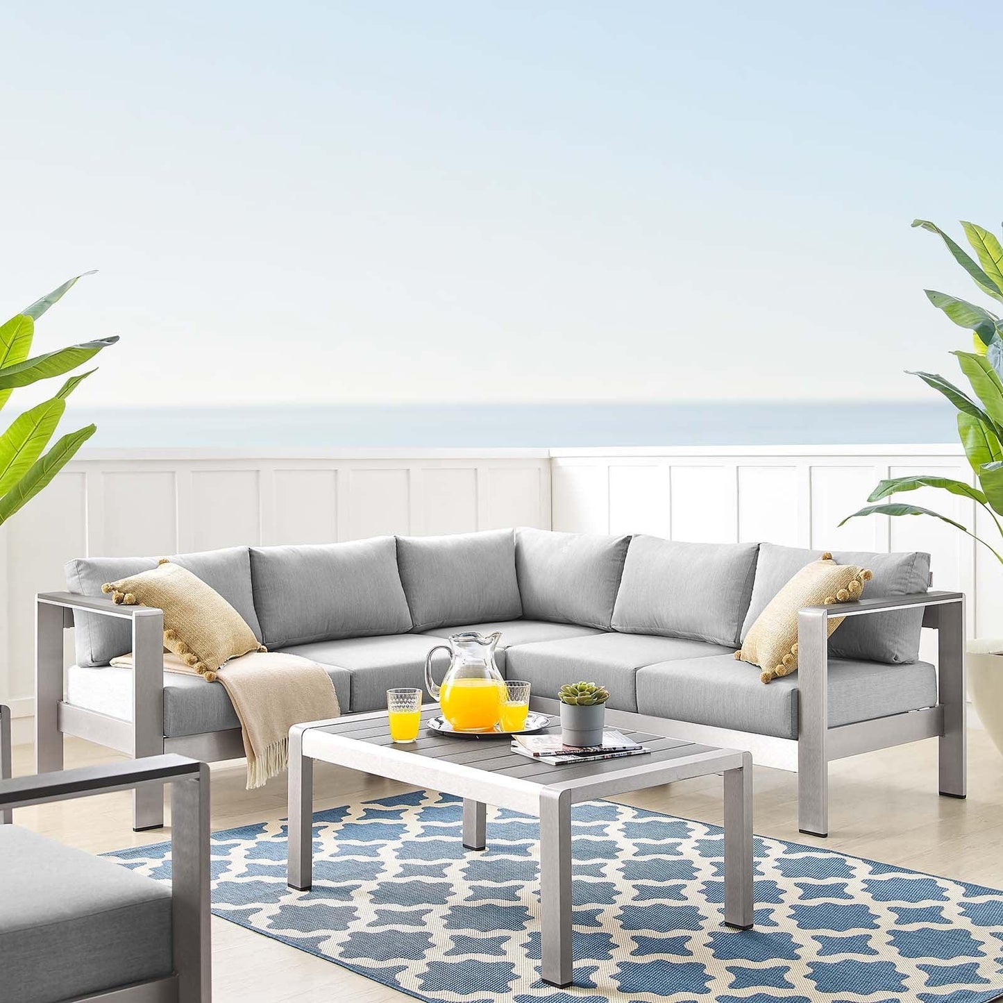 Modway Shore Sunbrella® Fabric Outdoor Patio Aluminum 4 Piece Sectional Sofa Set FredCo