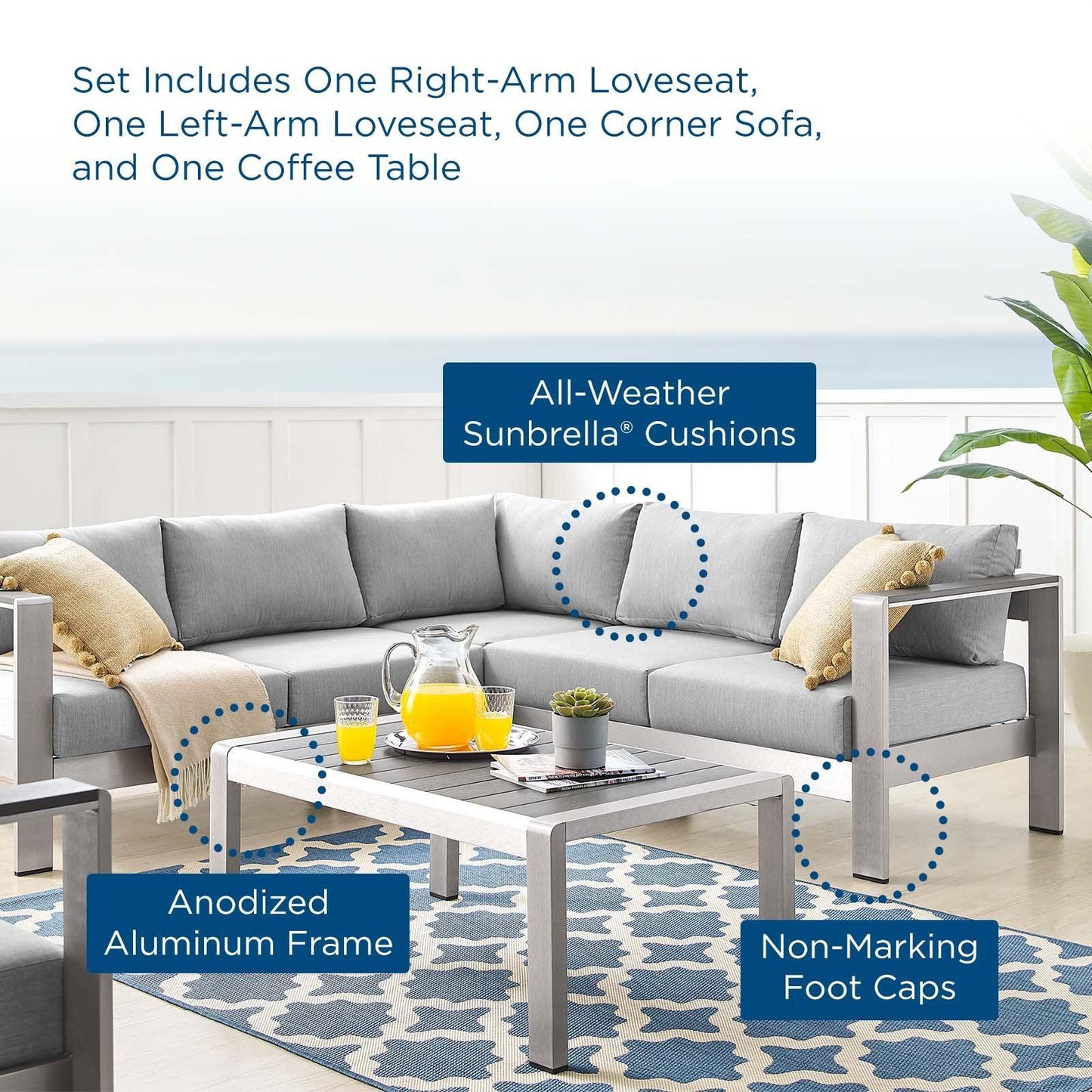 Modway Shore Sunbrella® Fabric Outdoor Patio Aluminum 4 Piece Sectional Sofa Set FredCo
