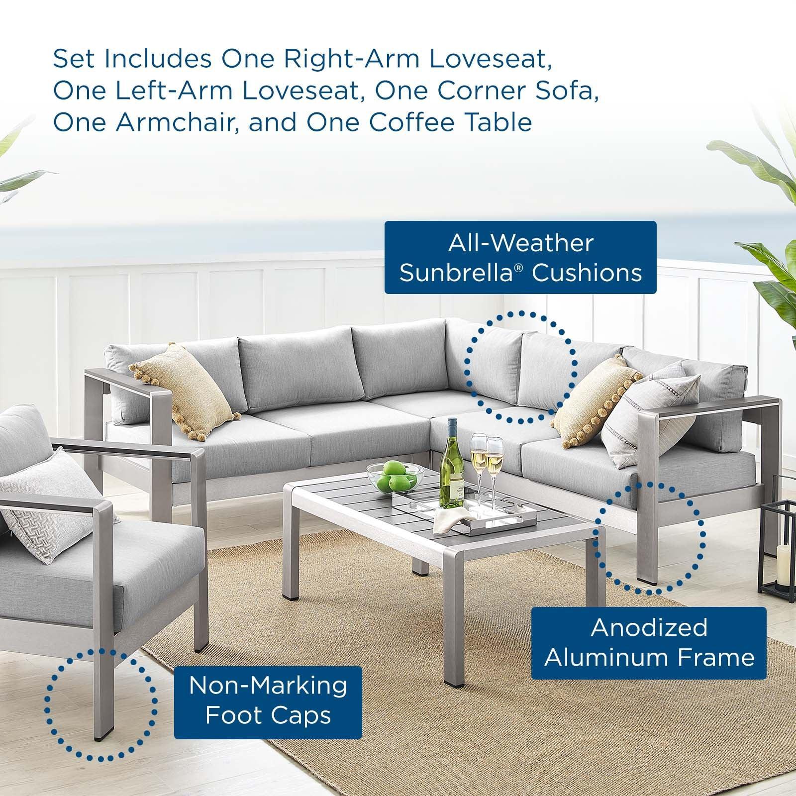Modway Shore Sunbrella® Fabric Outdoor Patio Aluminum 5 Piece Sectional Sofa Set, EEI-4317 FredCo