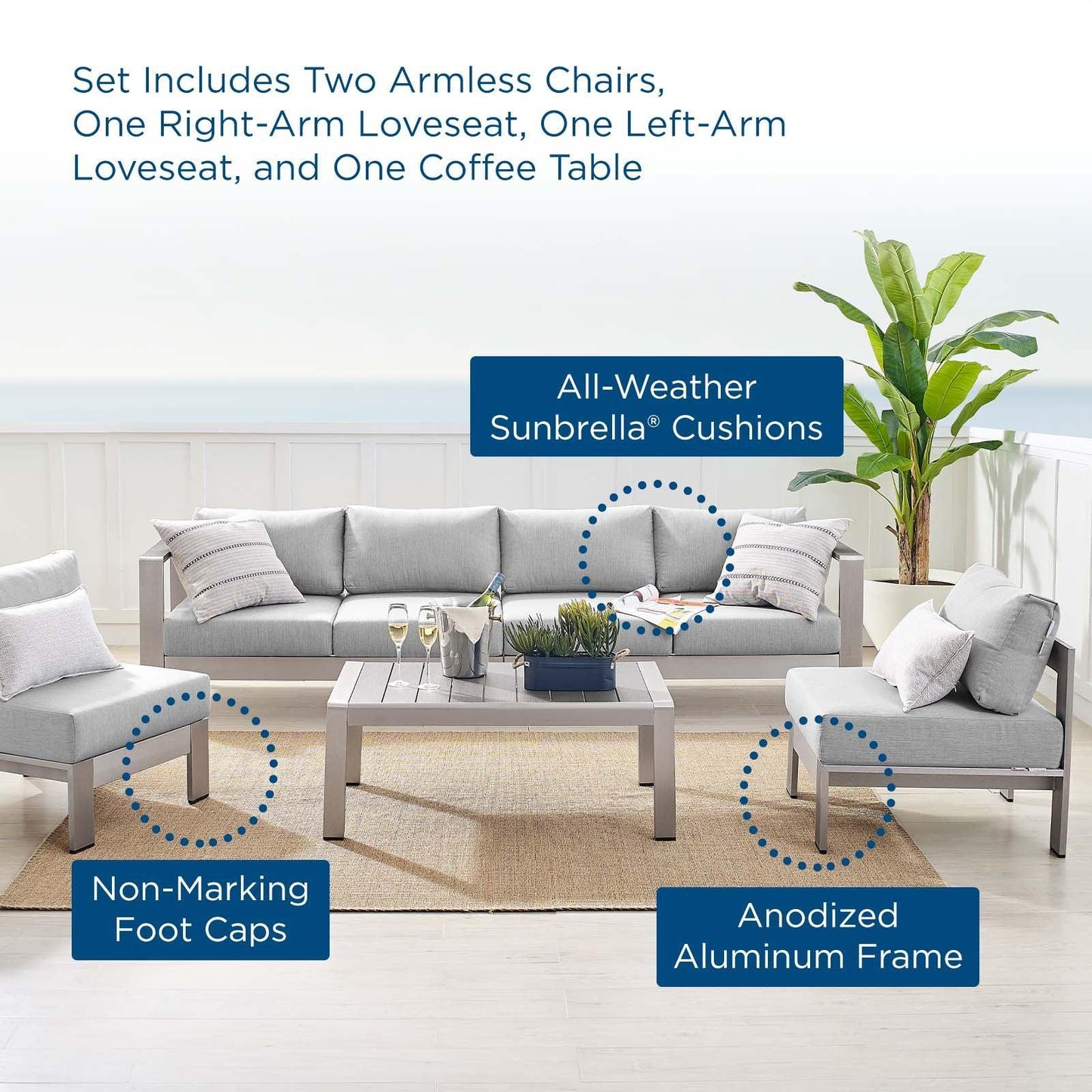 Modway Shore Sunbrella® Fabric Outdoor Patio Aluminum 5 Piece Sectional Sofa Set, EEI-4318 FredCo