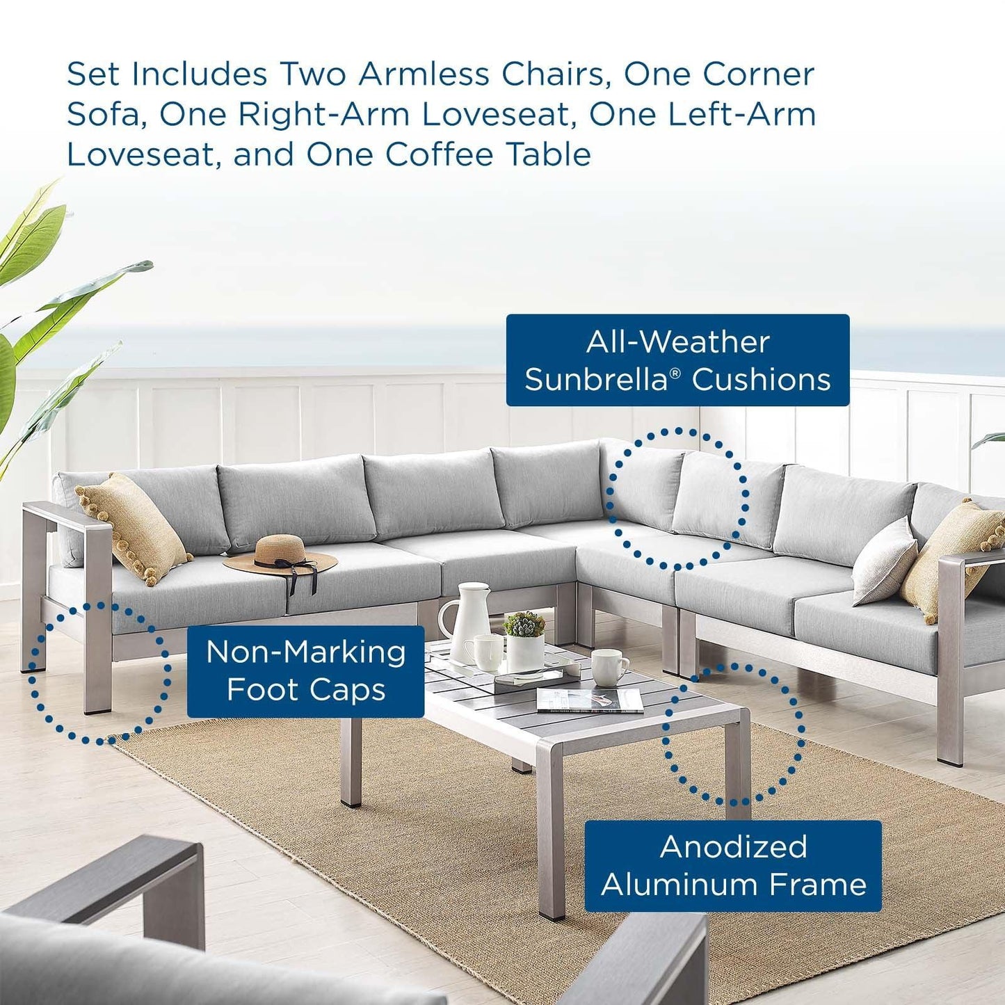 Modway Shore Sunbrella® Fabric Outdoor Patio Aluminum 6 Piece Sectional Sofa Set FredCo