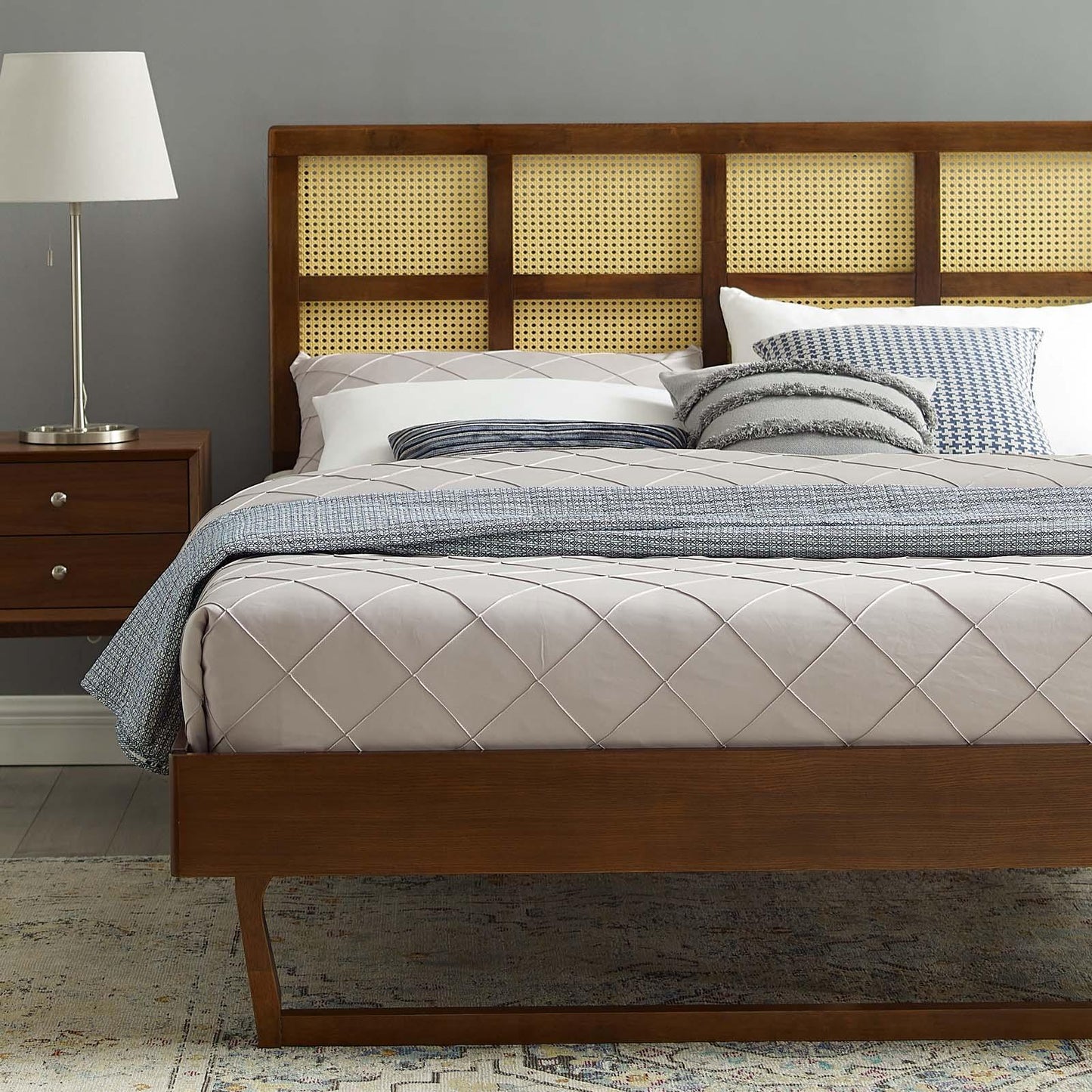 Modway Sidney Cane and Wood Full Platform Bed With Angular Legs FredCo