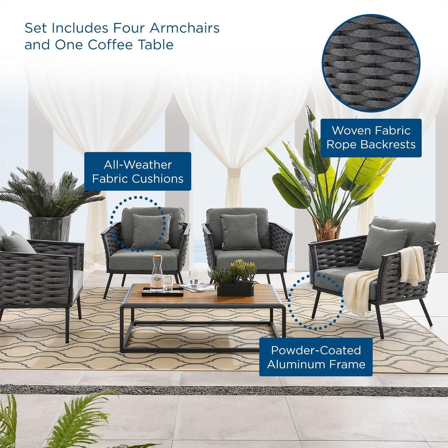 Modway Stance 5 Piece Outdoor Patio Aluminum Sectional Sofa Set, EEI-3321 FredCo