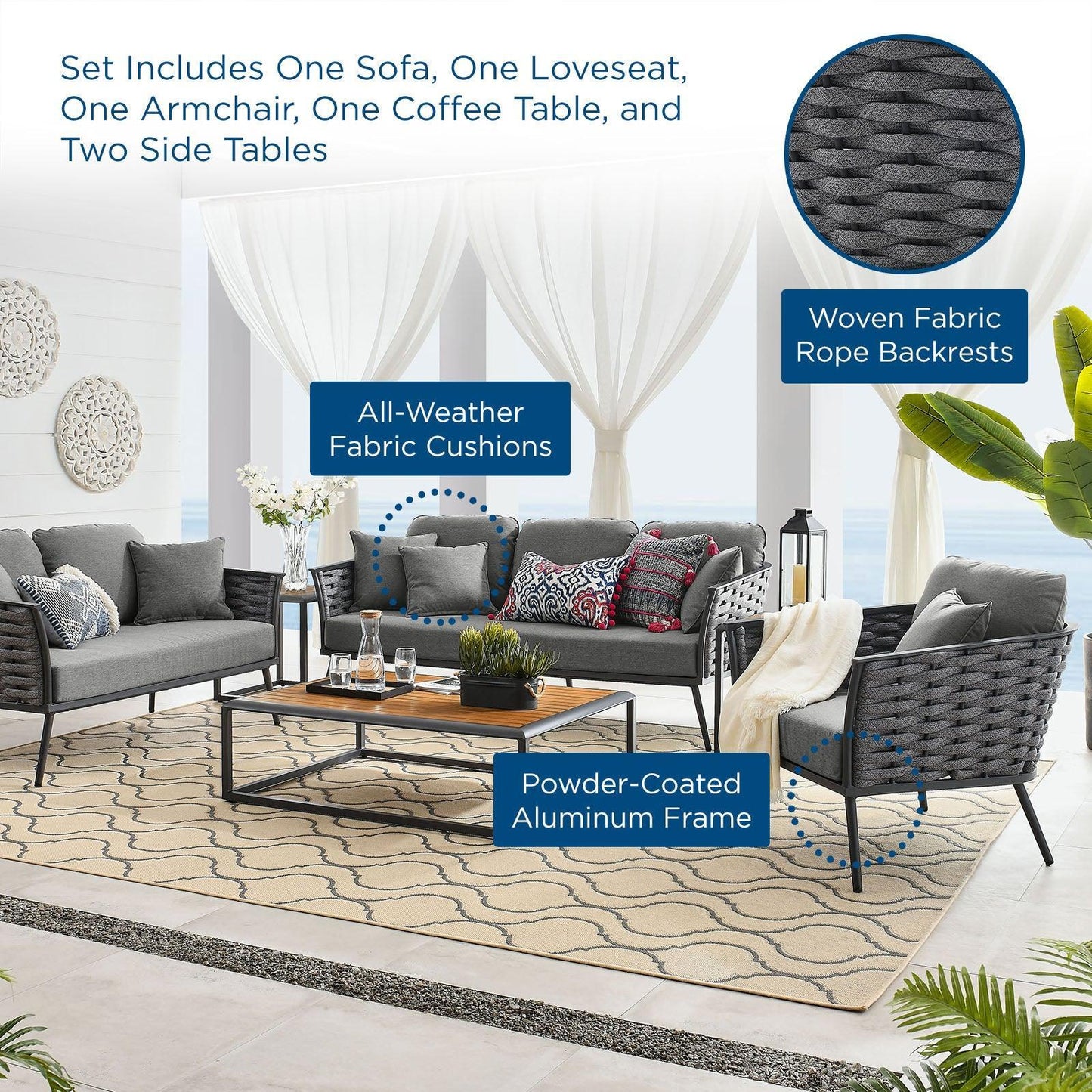 Modway Stance 6 Piece Outdoor Patio Aluminum Sectional Sofa Set FredCo