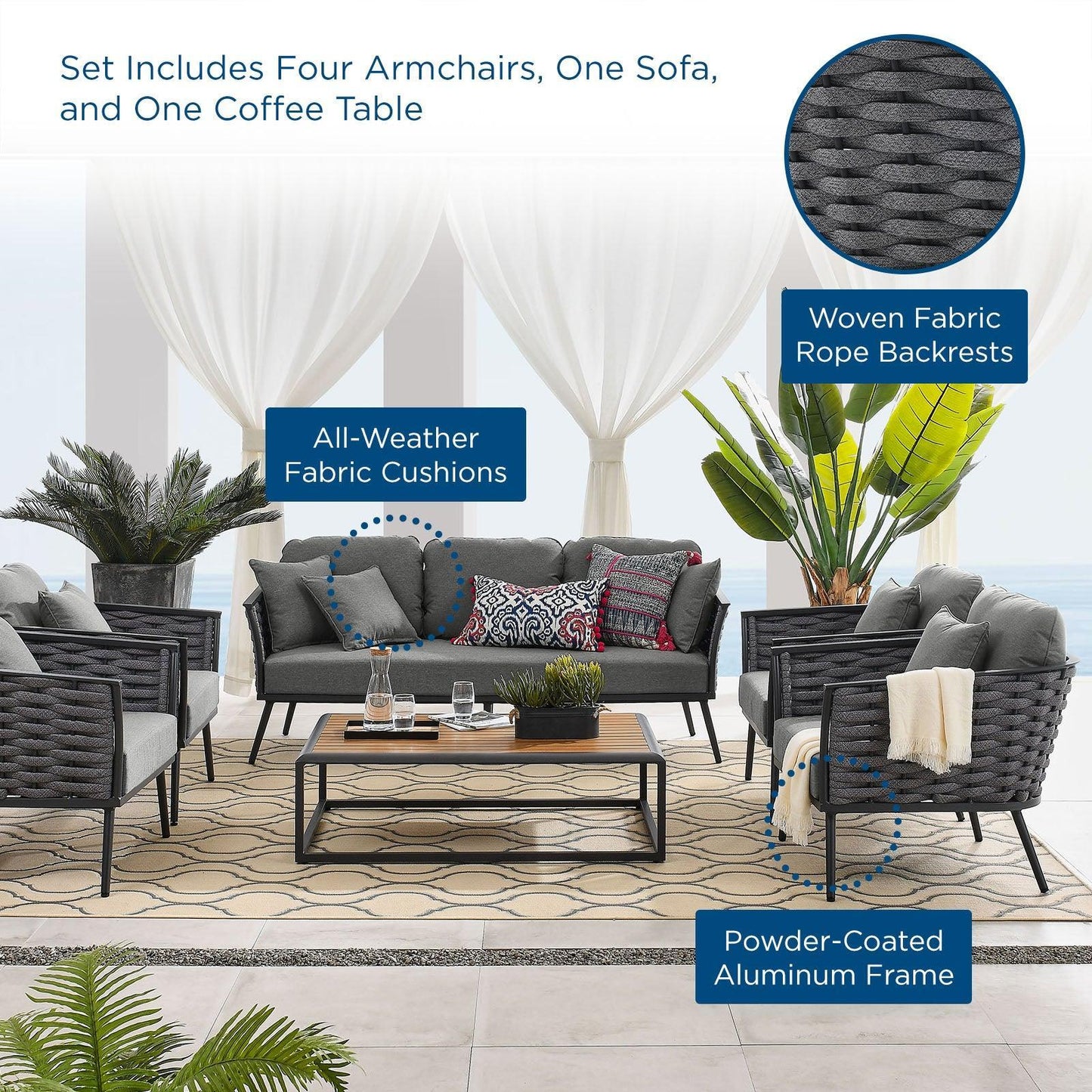Modway Stance 6 Piece Outdoor Patio Aluminum Sectional Sofa Set, EEI-3168 FredCo