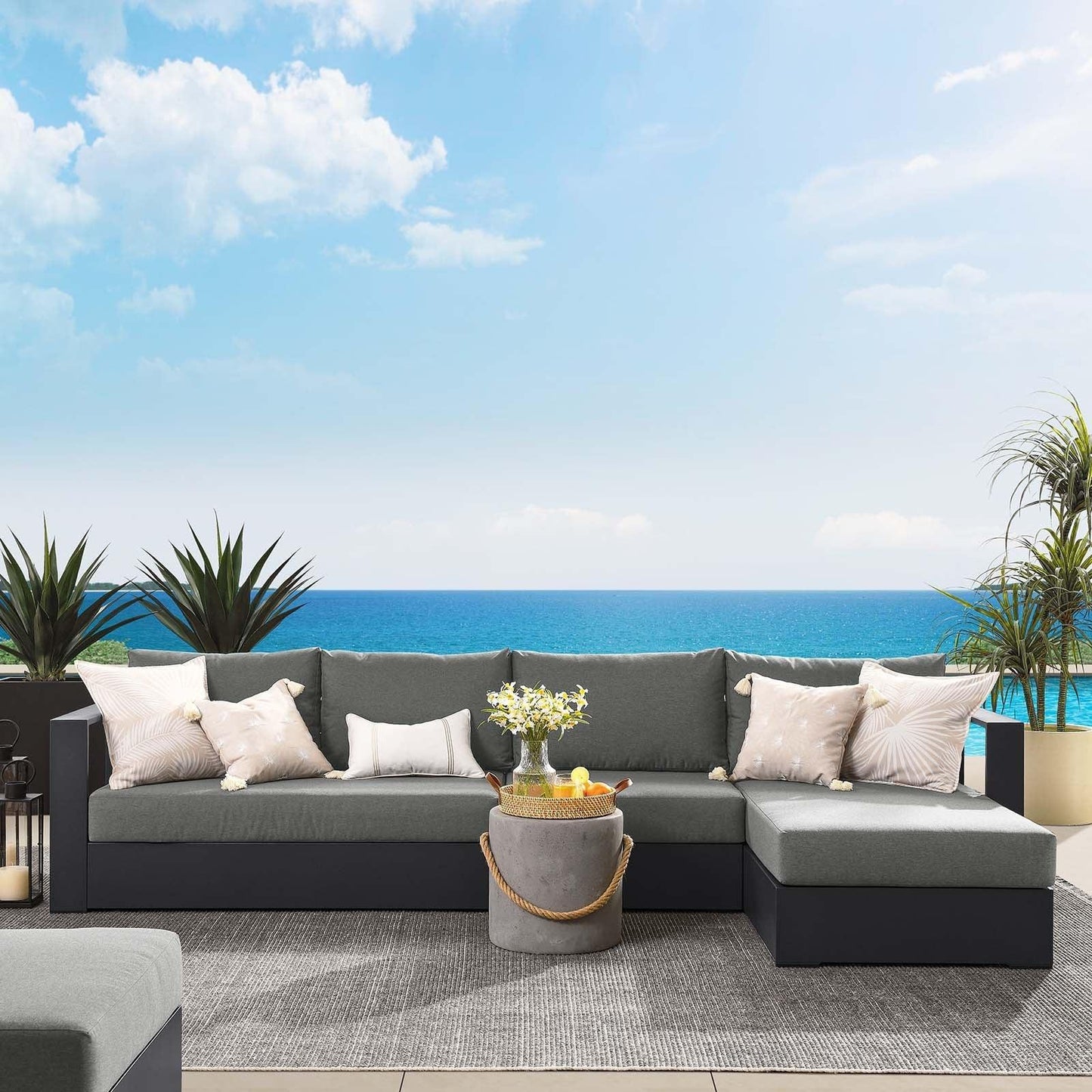Modway Tahoe Outdoor Patio Powder-Coated Aluminum 3-Piece Right-Facing Chaise Sectional Sofa Set FredCo