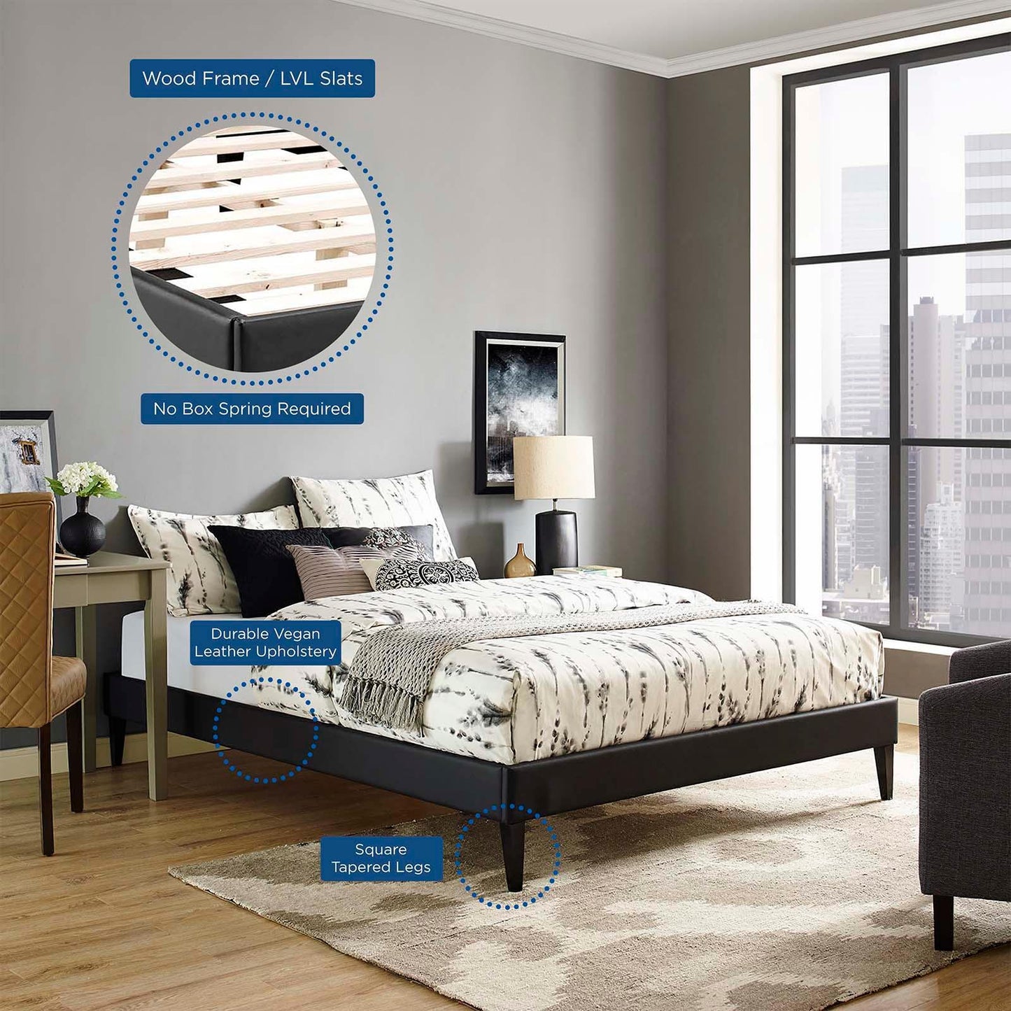 Modway Tessie Full Vinyl Bed Frame with Squared Tapered Legs FredCo