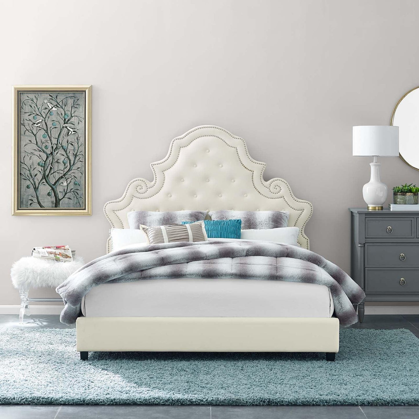 Modway Valentina Queen Tufted Nailhead Performance Velvet Platform Bed FredCo