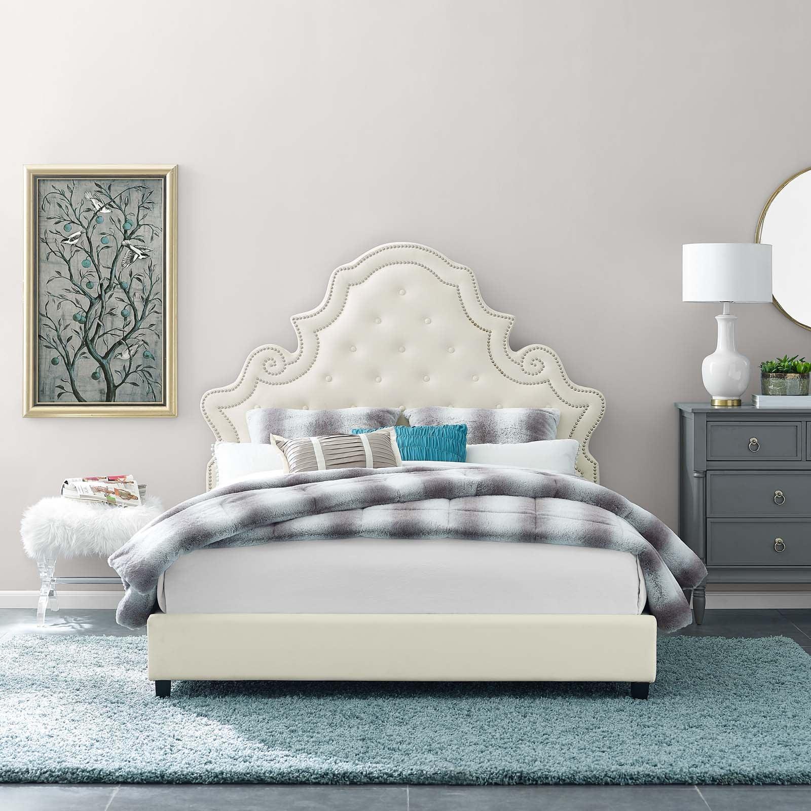 Modway Valentina Queen Tufted Nailhead Performance Velvet Platform Bed FredCo
