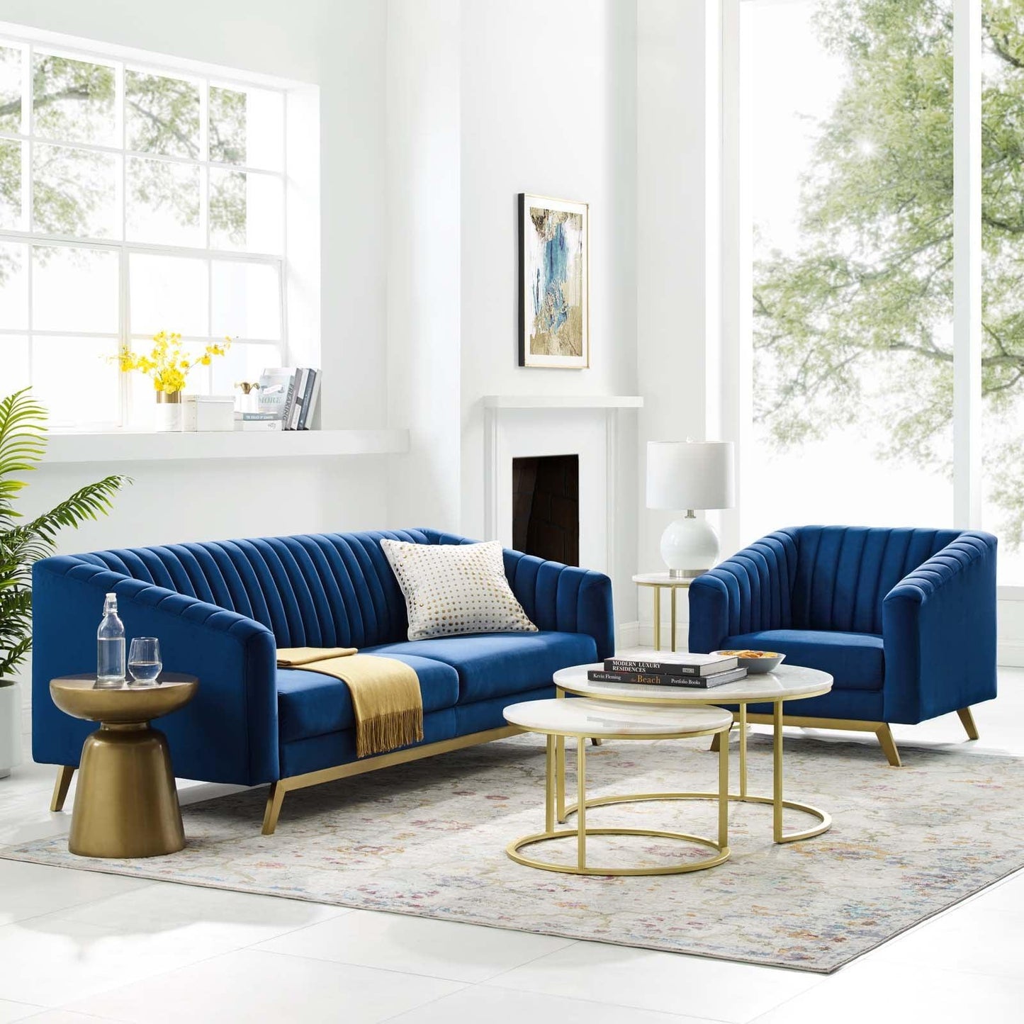 Modway Valiant Vertical Channel Tufted Performance Velvet Sofa and Armchair Set FredCo