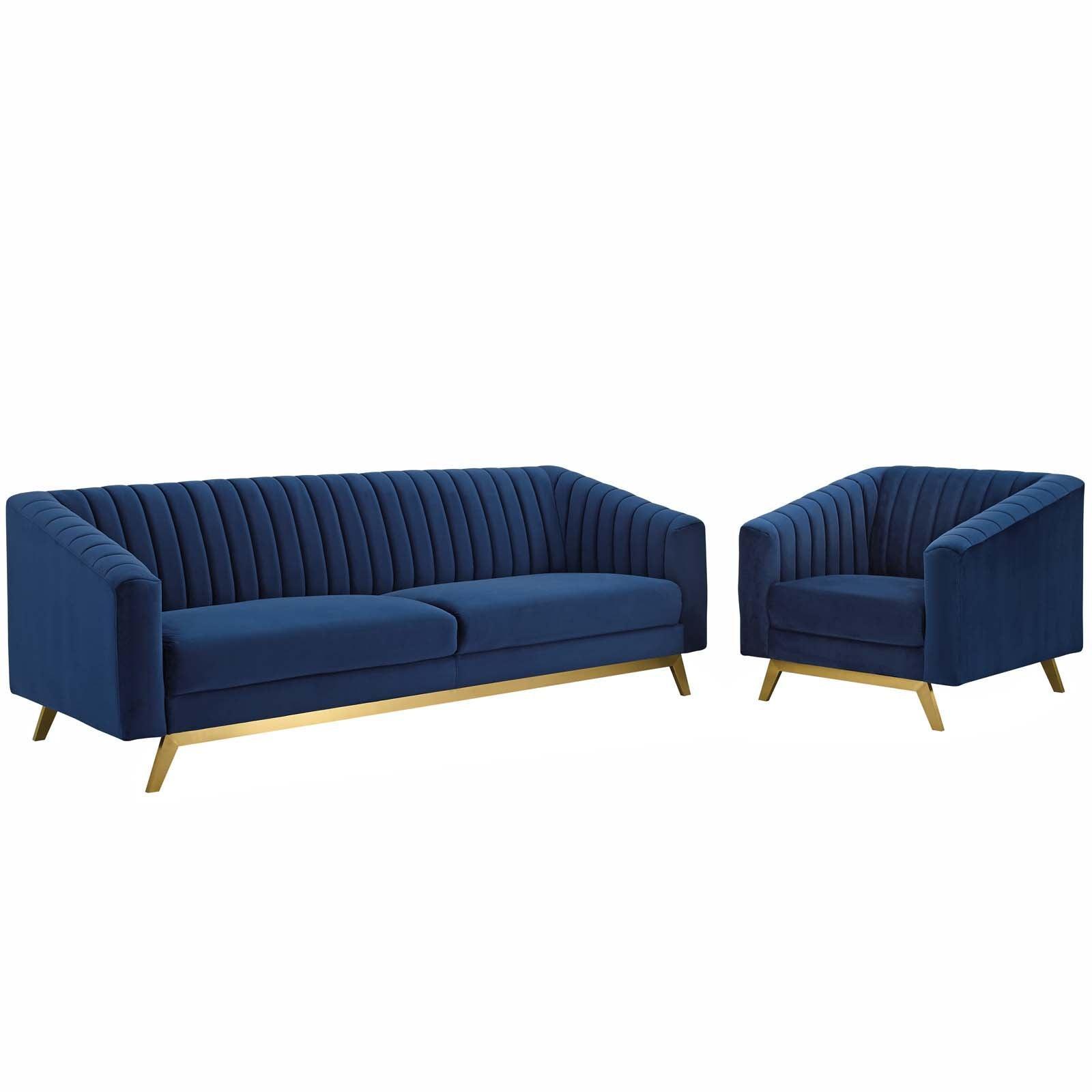 Modway Valiant Vertical Channel Tufted Performance Velvet Sofa and Armchair Set FredCo