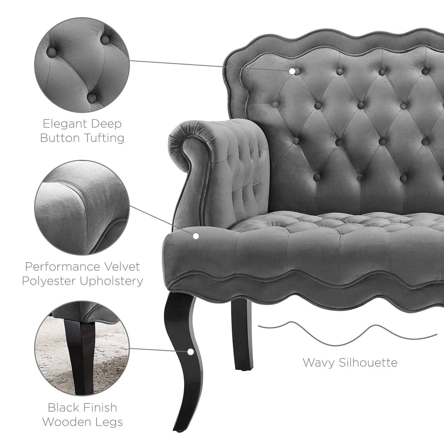 Modway Viola Chesterfield Button Tufted Loveseat Performance Velvet Settee FredCo