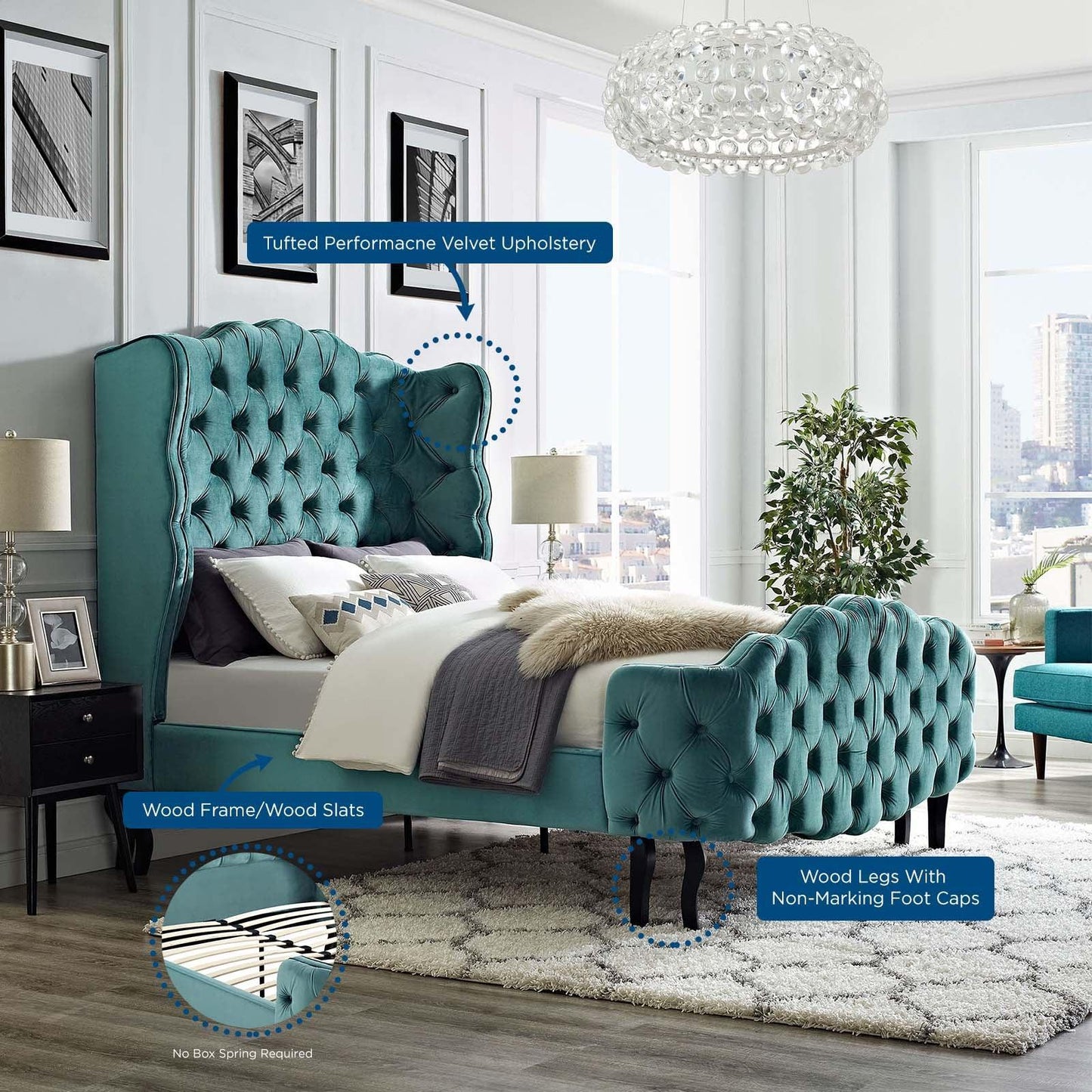 Modway Violette Queen Tufted Wingback Performance Velvet Platform Bed FredCo