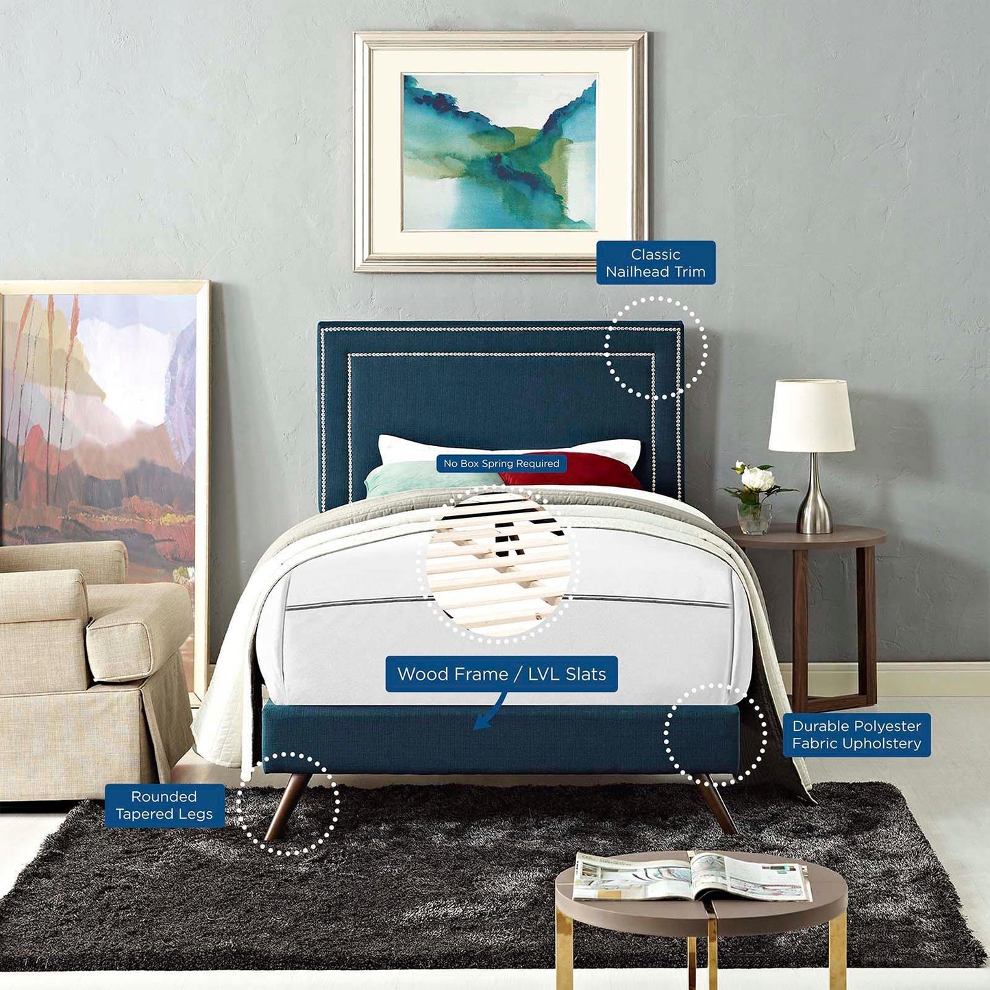 Modway Virginia Twin Fabric Platform Bed with Round Splayed Legs FredCo